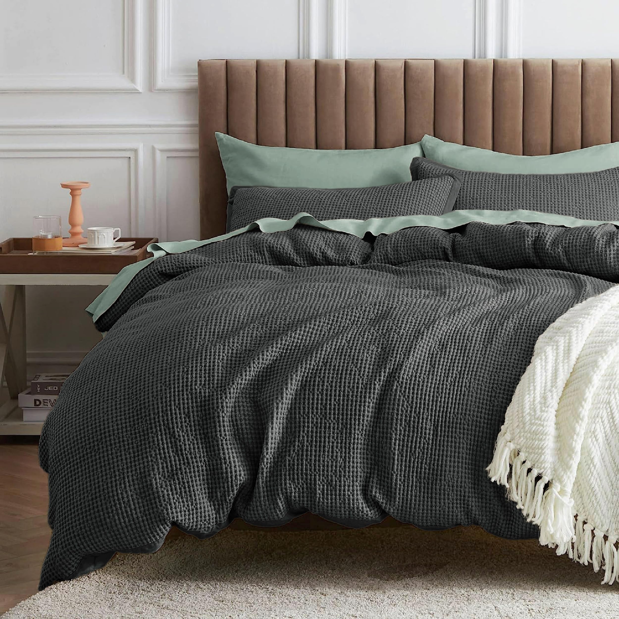 Bedsure Waffle Comforter Set Queen, Charcoal Soft Bedding, Waffle Weave Bed Set, 3 Pieces, 1 Comforter (90x90) and 2 Pillow Sham