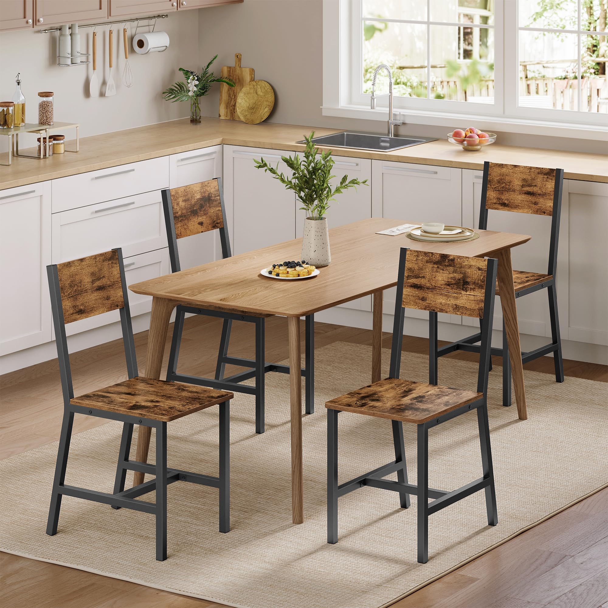 VASAGLE Dining Chair Set of 4, Rustic Wood Chairs with Metal Steel Frame, Easy to Assemble, Comfortable Seat, Modern Farmhouse C