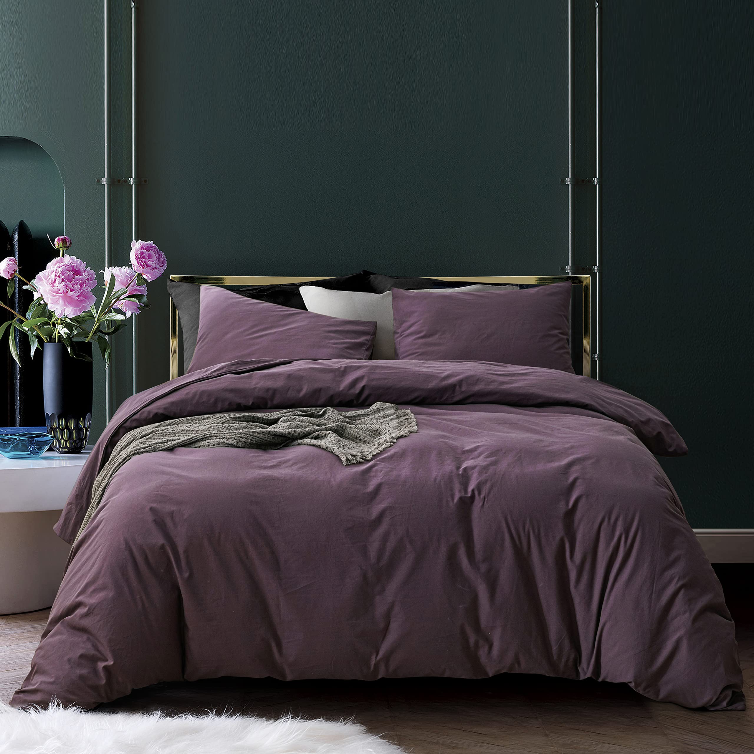 ECOCOTT Purple Duvet Cover Super Queen Size - 100% Washed Cotton Durable Soft Comfy Duvet Cover Set, 3 Pieces Duvet Cover with Z