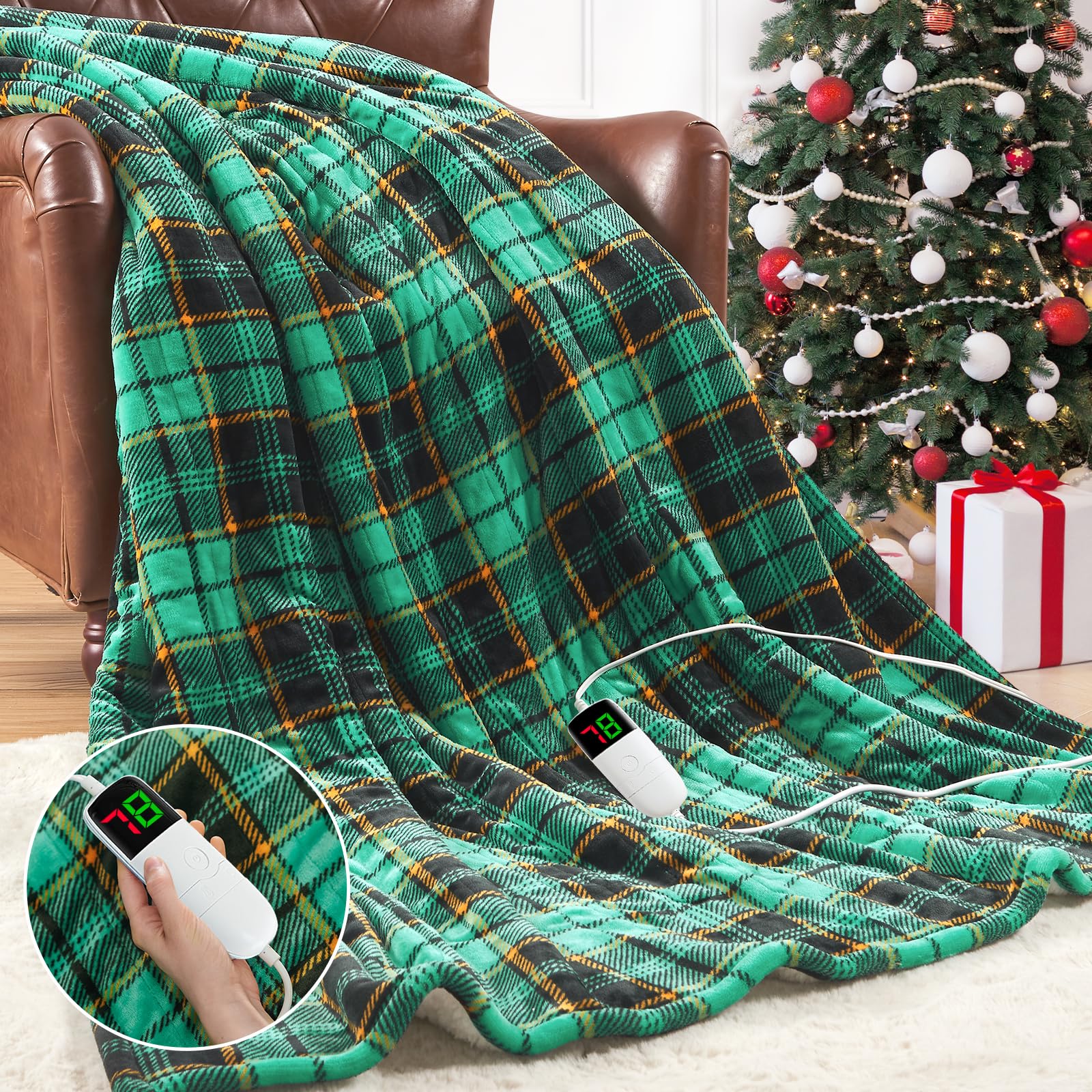 Green Heated Blanket Electric Throw 50X60, Heating Blanket for Couch, Plaid Sherpa Winter Blankets Warmer, 10 Levels & 8-Hour Au