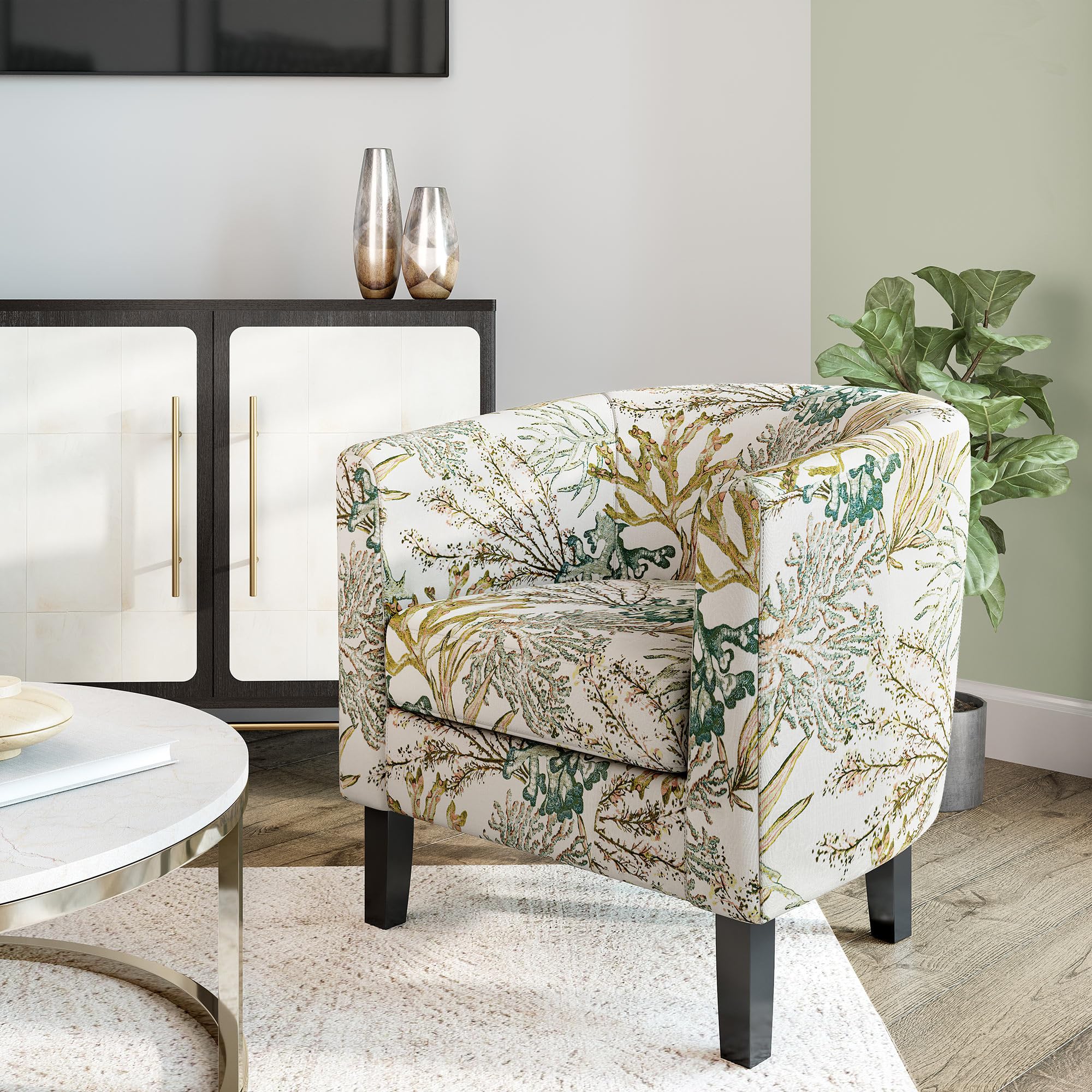 BELLEZE Living Room Chair, Linen Round Accent Barrel Chair, Club Tub Sofa Chair for Bedroom, Corner Chair with Flared Legs and C