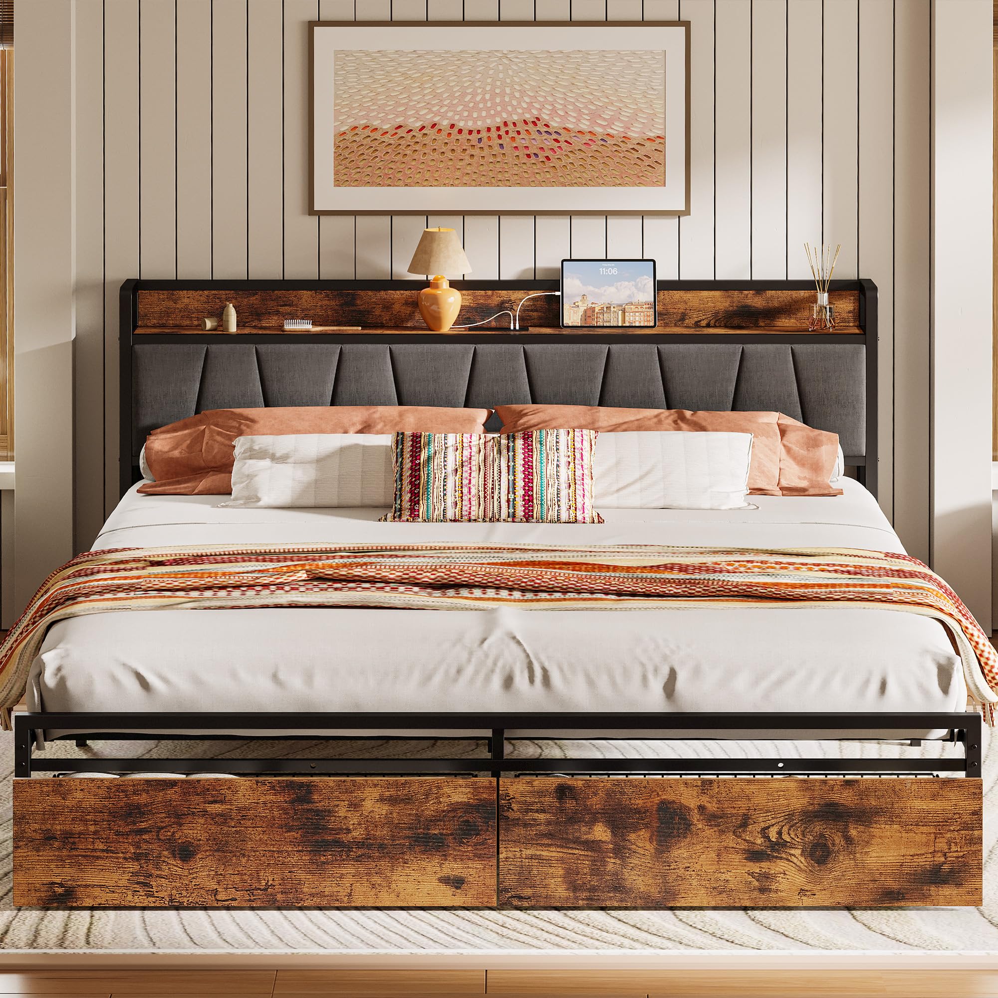 LIKIMIO California King Size Bed Frame, Storage Headboard with Charging Station, Platform Bed with Drawers, No Box Spring Needed