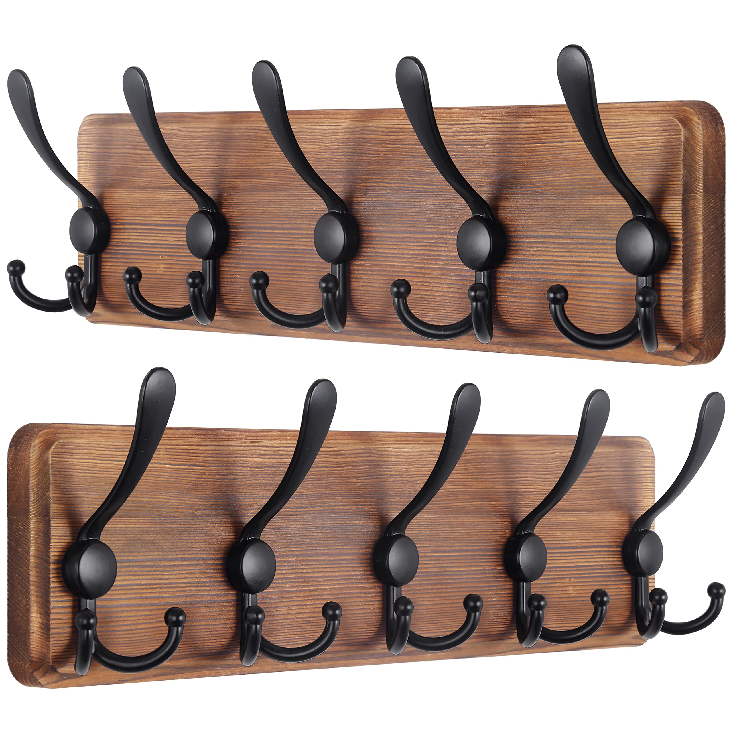SKOLOO Rustic Wall Mounted Coat Rack: 16 Hole to Hole, Pine Real Wood Plank Wall Coat Rack with 5 Triple Hooks, Farmhouse Coat H