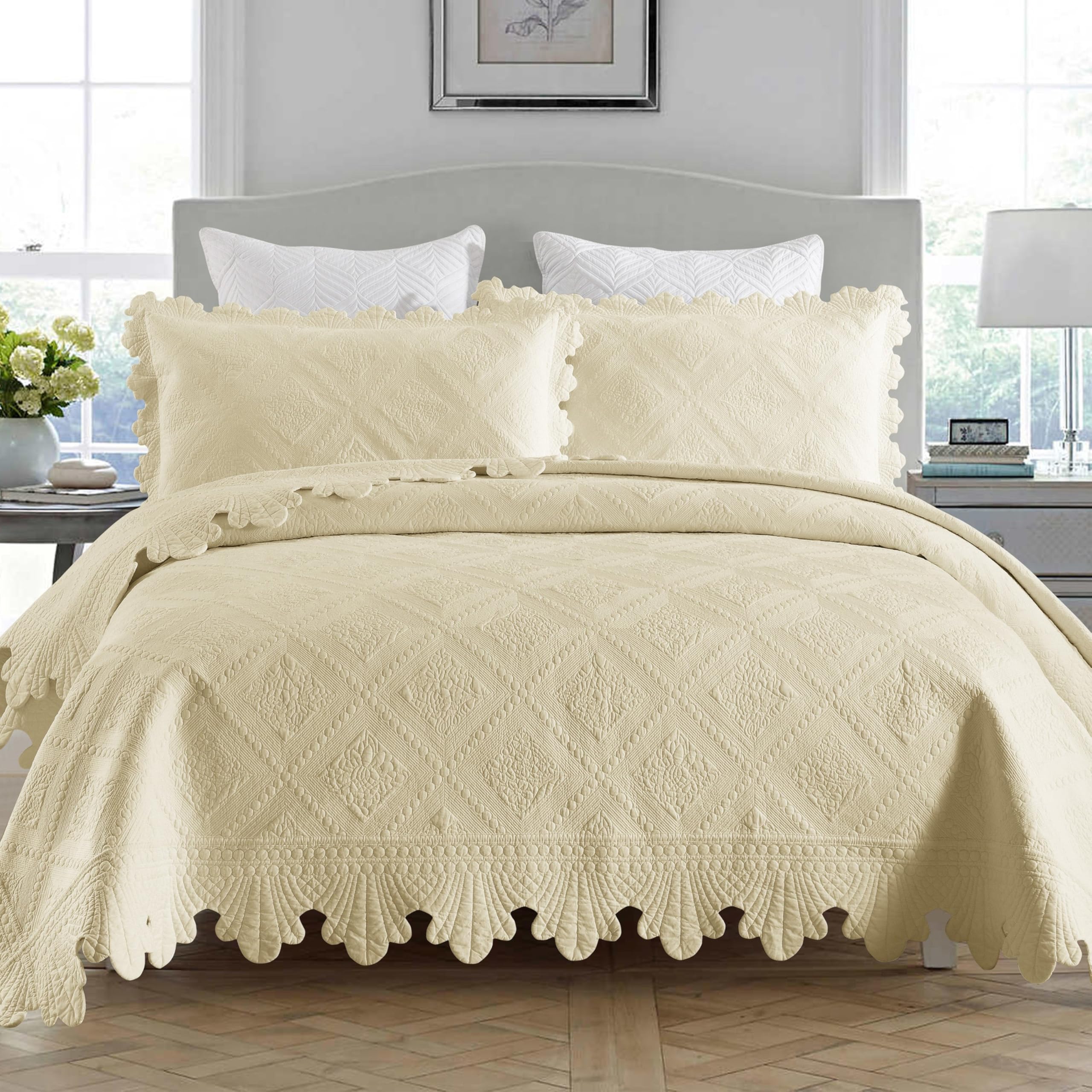 MarCielo 3-Piece 100% Cotton Oversized Bedspread Lightweight Quilt Coverlet Embroidery Farmhouse Bedding Set (Tk Beige Khaki, Ov
