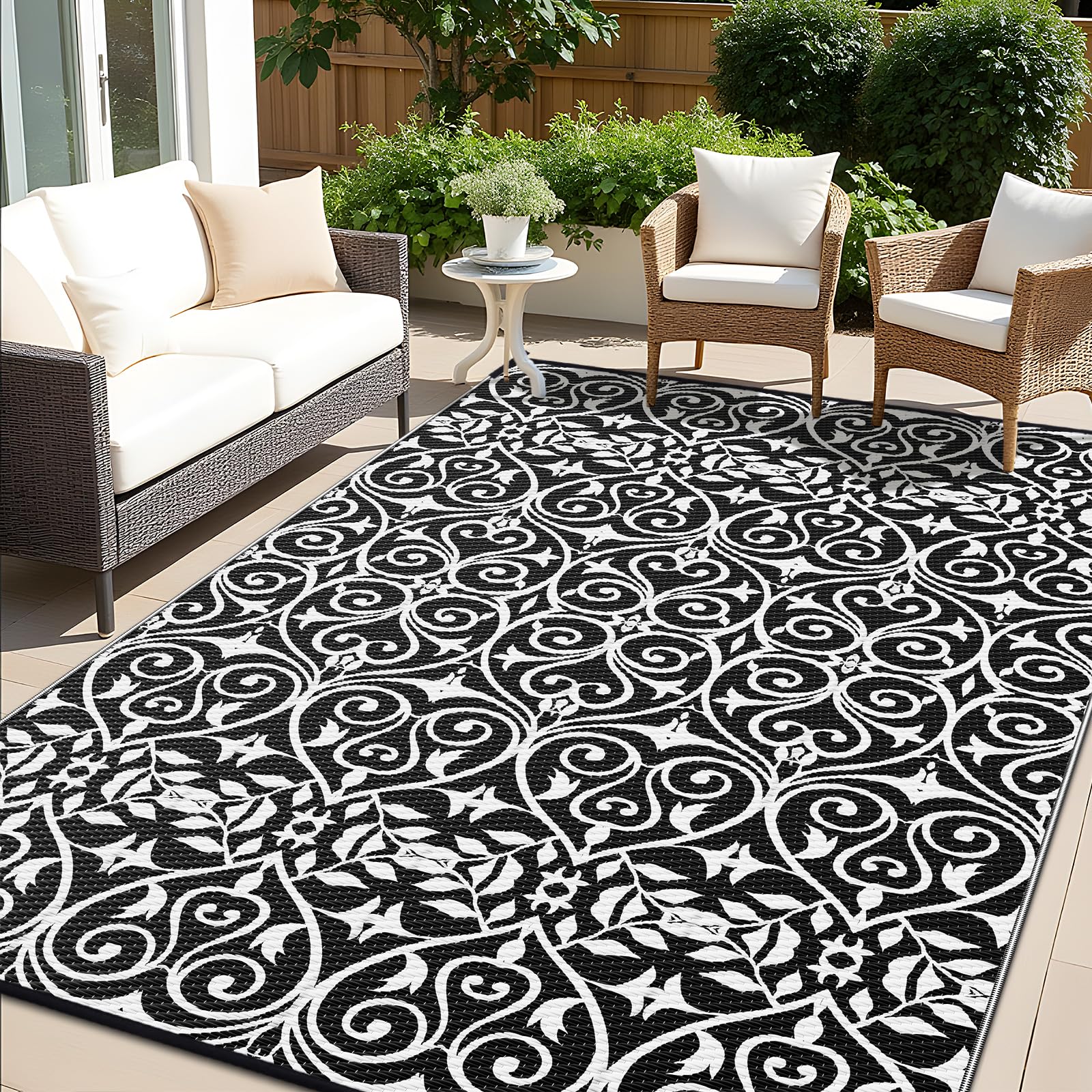 OLANLY Outdoor Rug Waterproof 8x10 ft Clearance, Reversible Outdoor Plastic Straw Rug with Floral Pattern, RV Mat for Patio, Cam