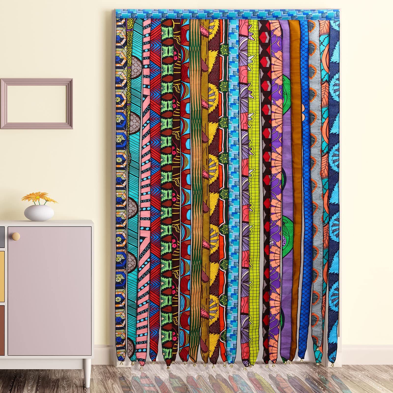 Frienda African Ankara Kente Multicolor Ribbon Doorway Curtains Silk Sari Hippie Boho Curtains Decor Vintage Print Pattern Windo