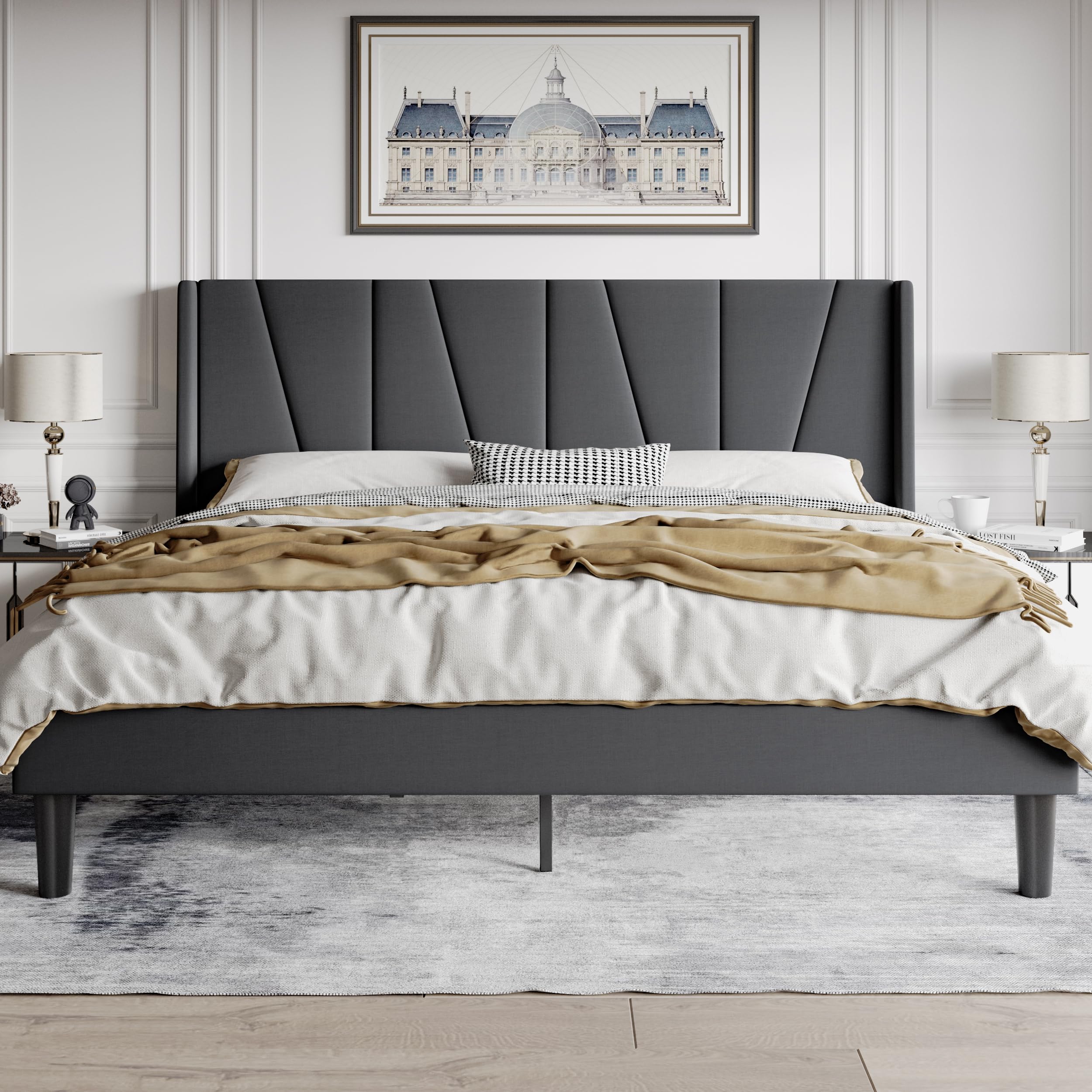 HOOMIC King Size Platform Bed Frame with Geometric Wingback Headboard, Wooden Slats Support, No Box Spring Needed, Modern Style 