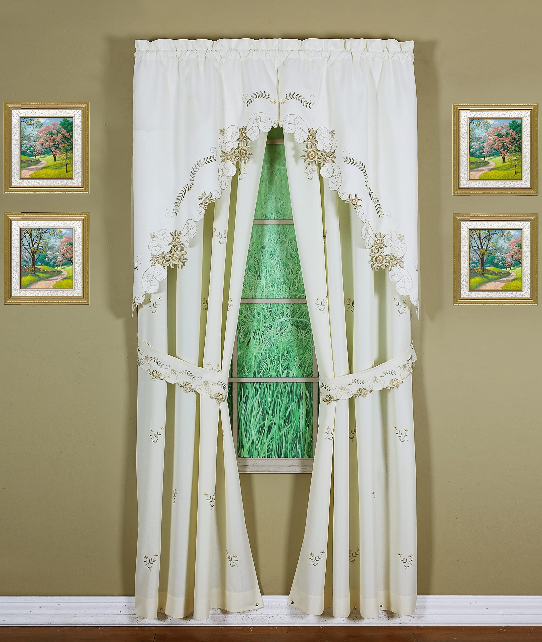 Todays Curtain Verona Reverse Embroidery Panel Pair and Tiebacks, 72, Ecru/Antique