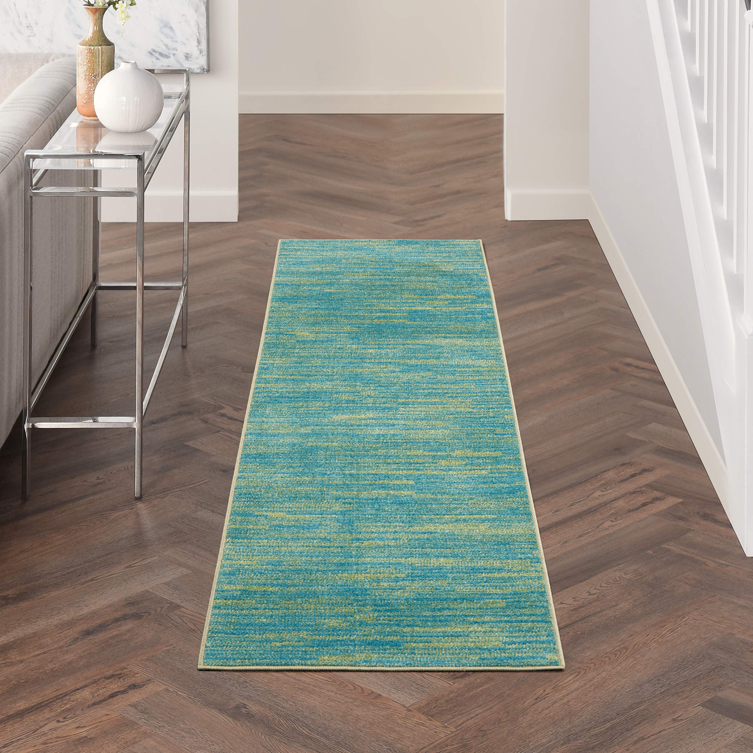 Nourison Essentials Indoor/Outdoor Blue Green 22 x 76 Area Rug, Easy Cleaning, Non Shedding, Bed Room, Living Room, Dining Roo