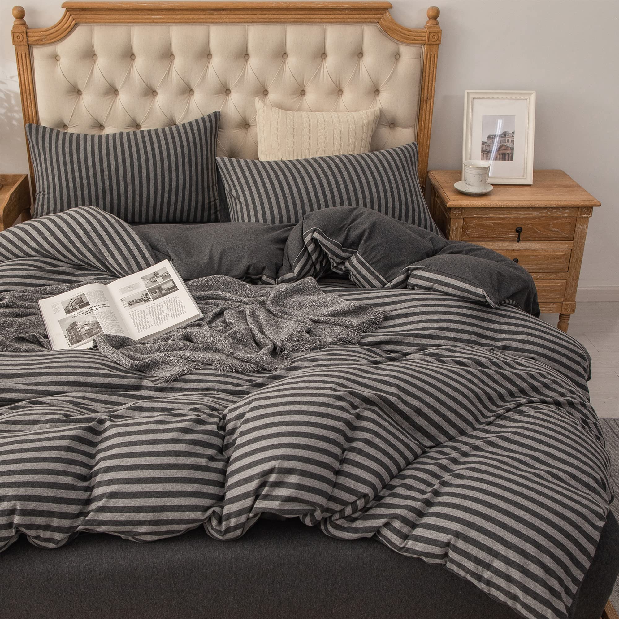 PURE ERA Jersey Knit Duvet Cover Set 100% T-Shirt Heather Cotton Super Soft Comfy Classic Striped Design, with Zipper Closure, C