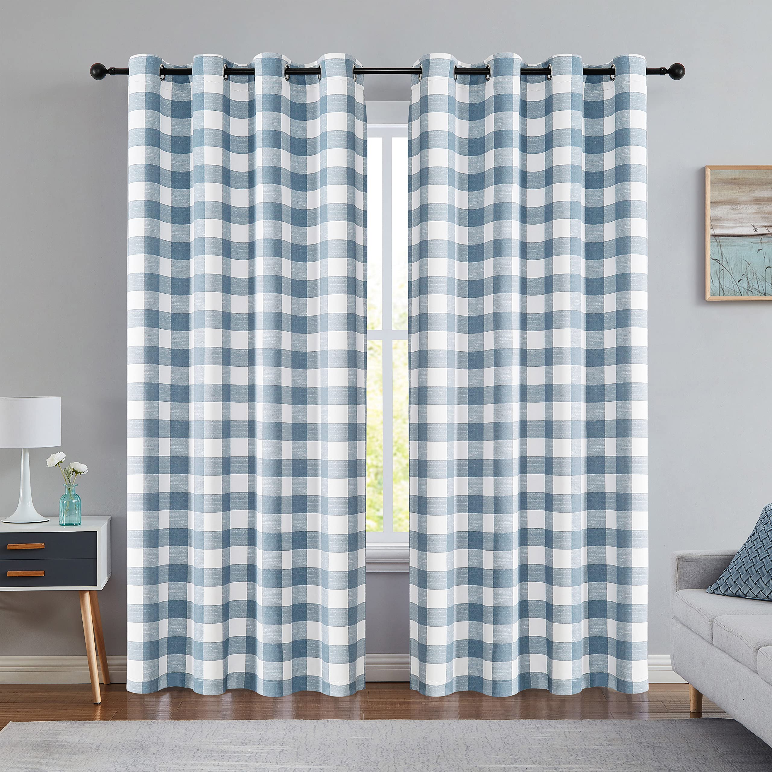 Randall Blue Plaid 80% Blackout Curtain Panels with Grommet Top Room Darkening Energy Efficient Buffalo Check Long Window Curtai