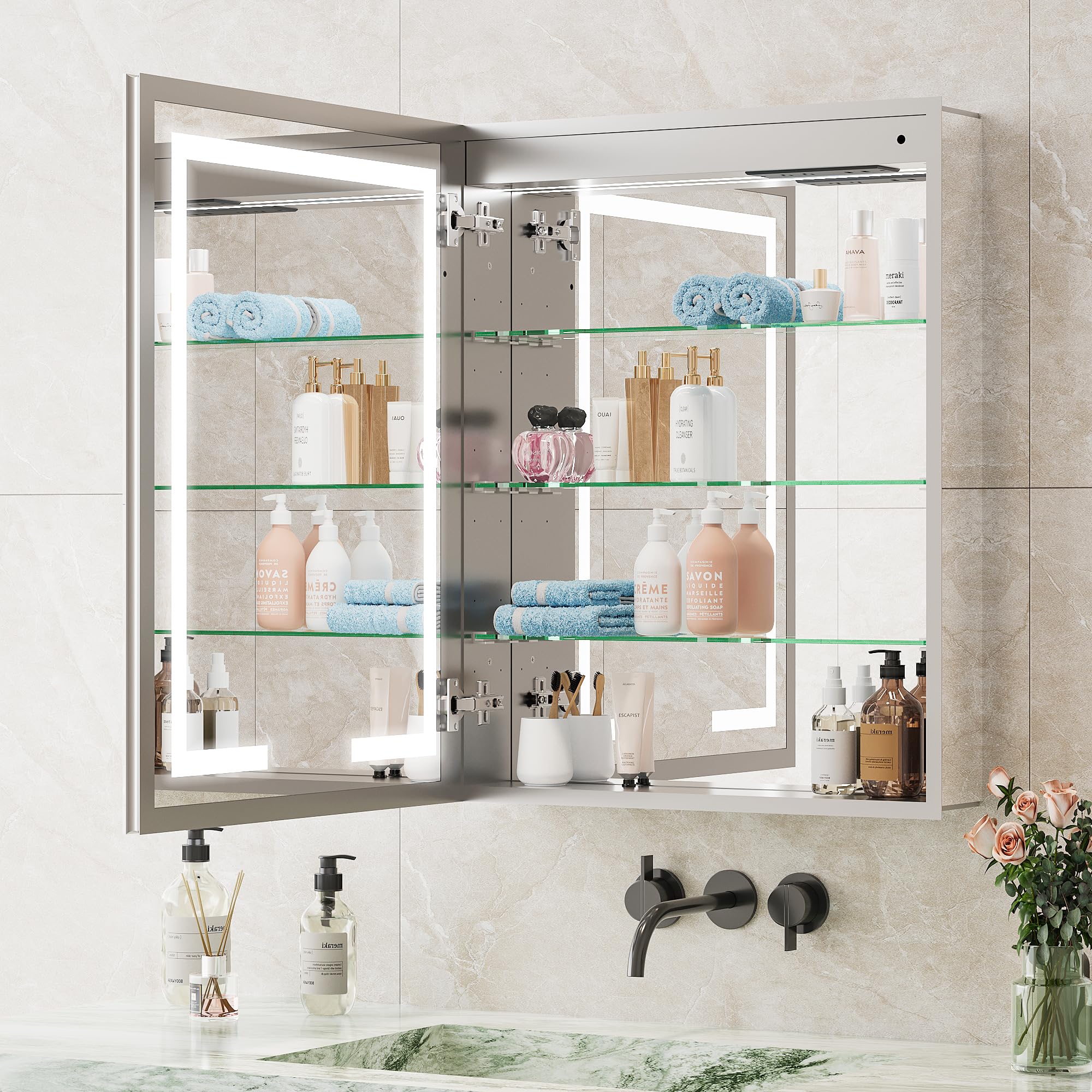 Medicine Cabinet with LED Mirror for Bathroom, 36  x24   Aluminum, Wall Mounted Led Medicine Cabinet, Defog, Stepless Dimmin
