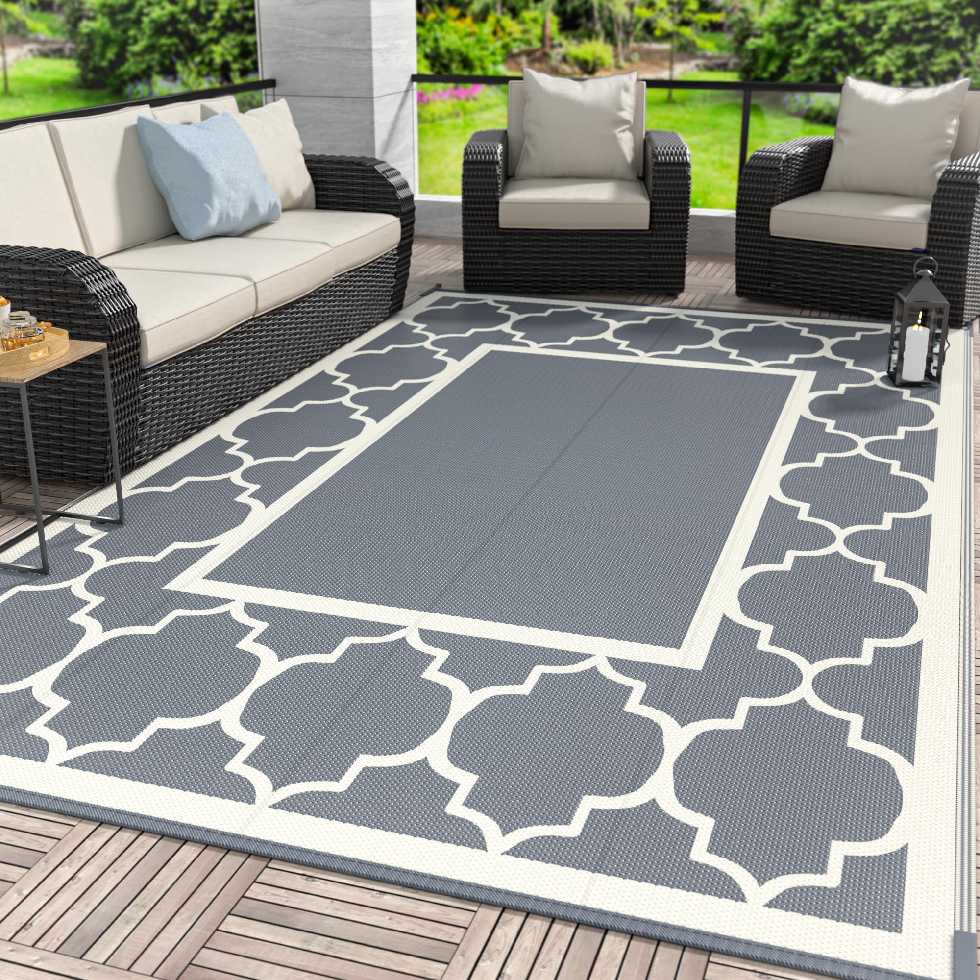 GENIMO 5  x 8  Outdoor Rug for Patio, Waterproof Indoor Outdoor Plastic Straw Rugs Carpet, Reversible Outside Area Mat for Cam