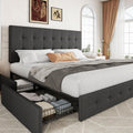 Allewie Upholstered King Size Platform Bed Frame with 4 Storage Drawers and Headboard, Square Stitched Button Tufted, Mattress F
