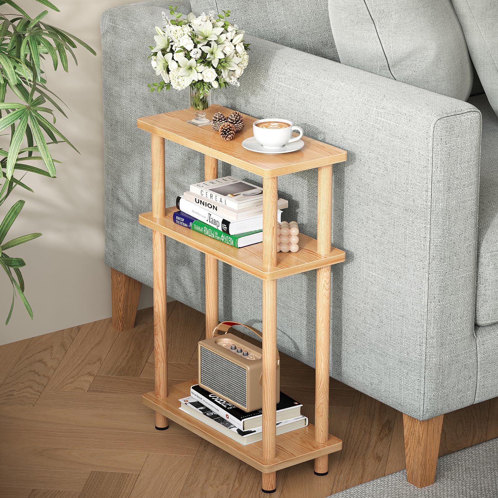 Apicizon Small Narrow Side Table, 3-Tier Skinny End Table for Small Spaces, Slim Nightstand with Storage Shelf, Bedside Table fo