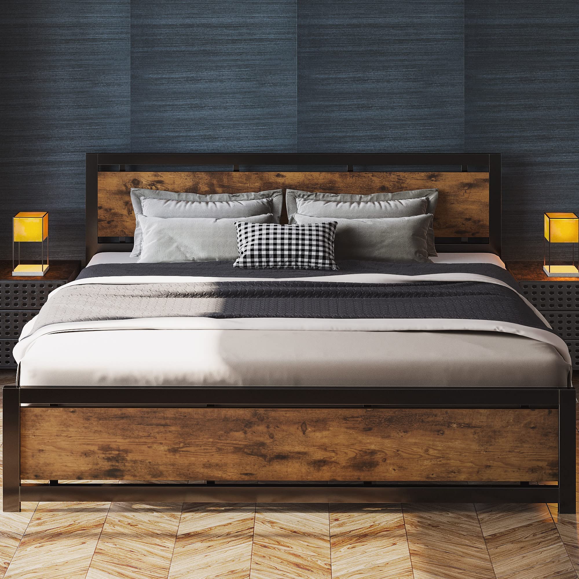 LIKIMIO King Bed Frame with Headboard and Footboard, Metal Strong Supports, Easy Assembly, Noise-Free, No Box Spring Needed, Vin