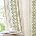 jinchan Boho Curtains Linen Blend Beige Farmhouse Curtains 96 Inches Long for Living Room Sage Green Square Embroidered Bordered