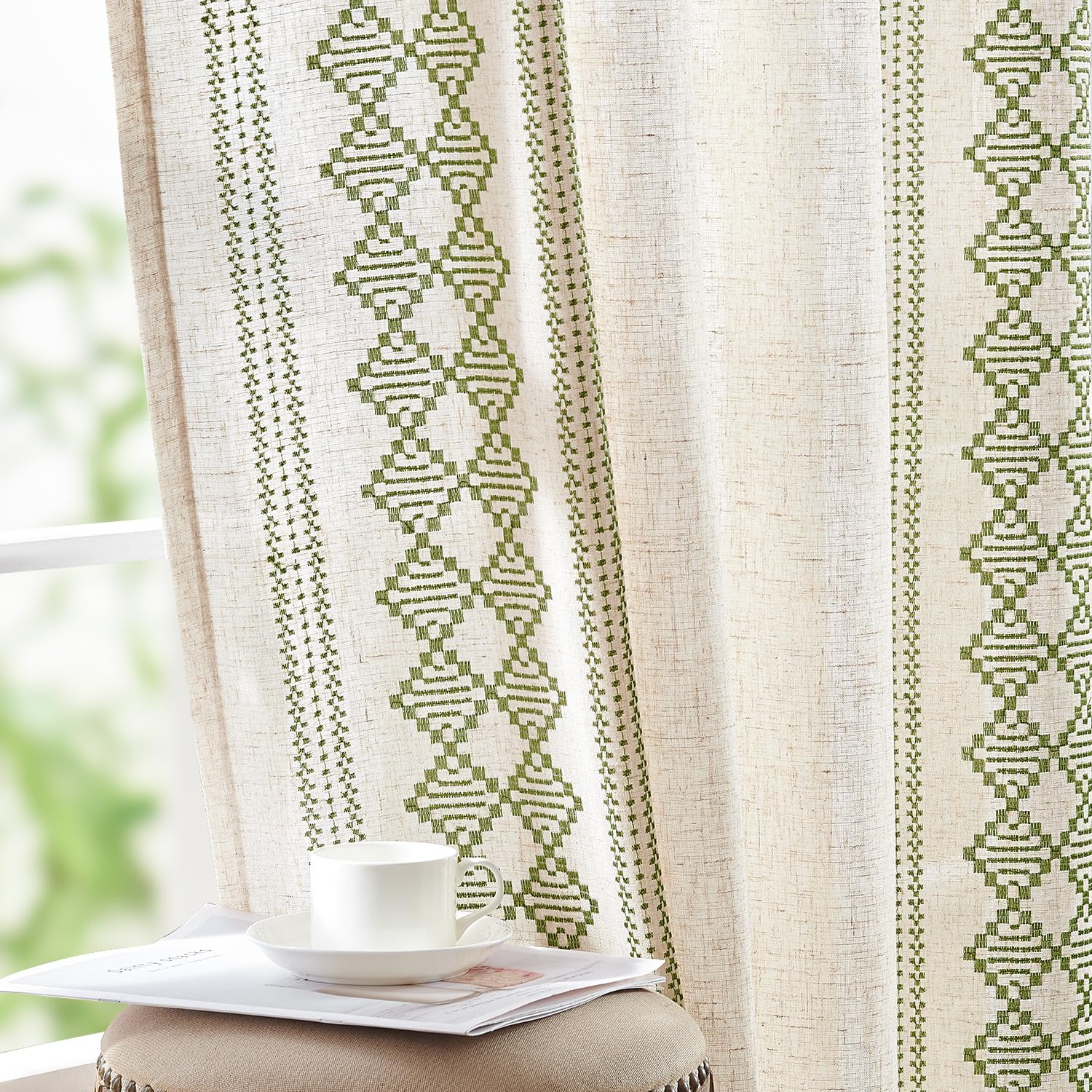 jinchan Boho Curtains Linen Blend Beige Farmhouse Curtains 96 Inches Long for Living Room Sage Green Square Embroidered Bordered