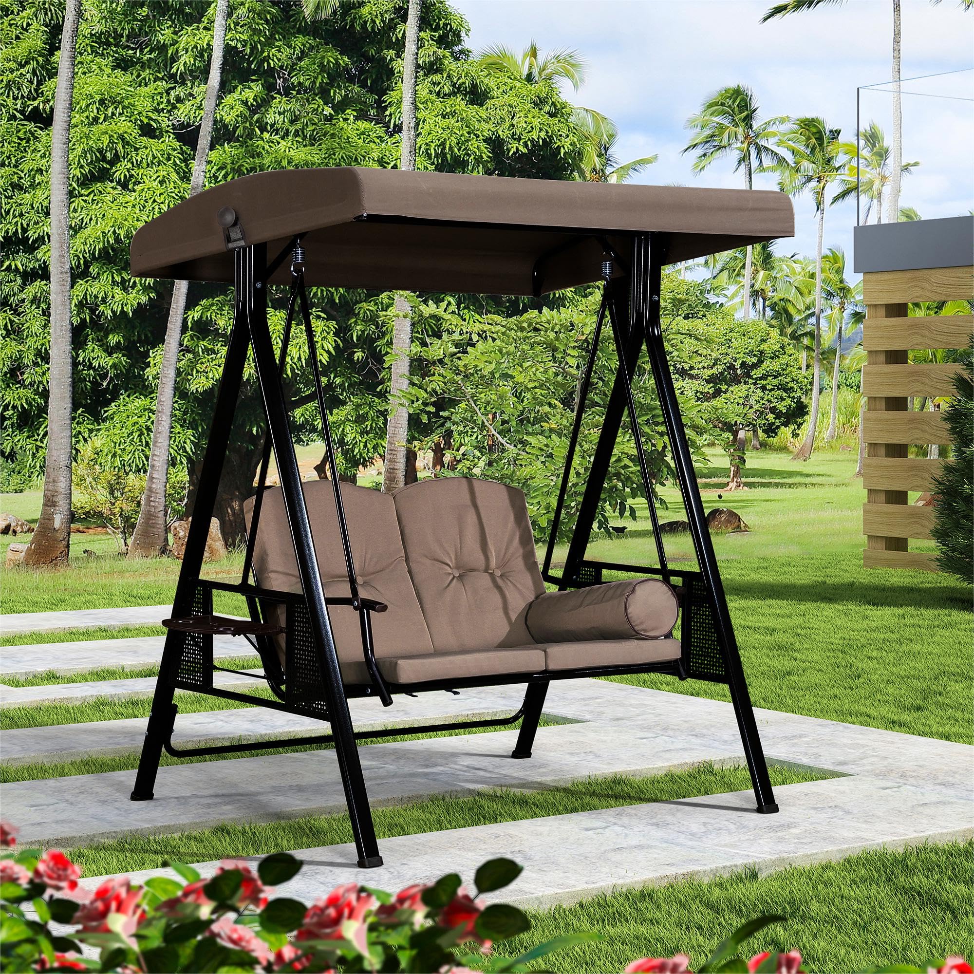 PURPLE LEAF 2-Seat Deluxe Outdoor Patio Porch Swing with Weather Resistant Steel Frame, Adjustable Tilt Canopy, Cushions and Pil
