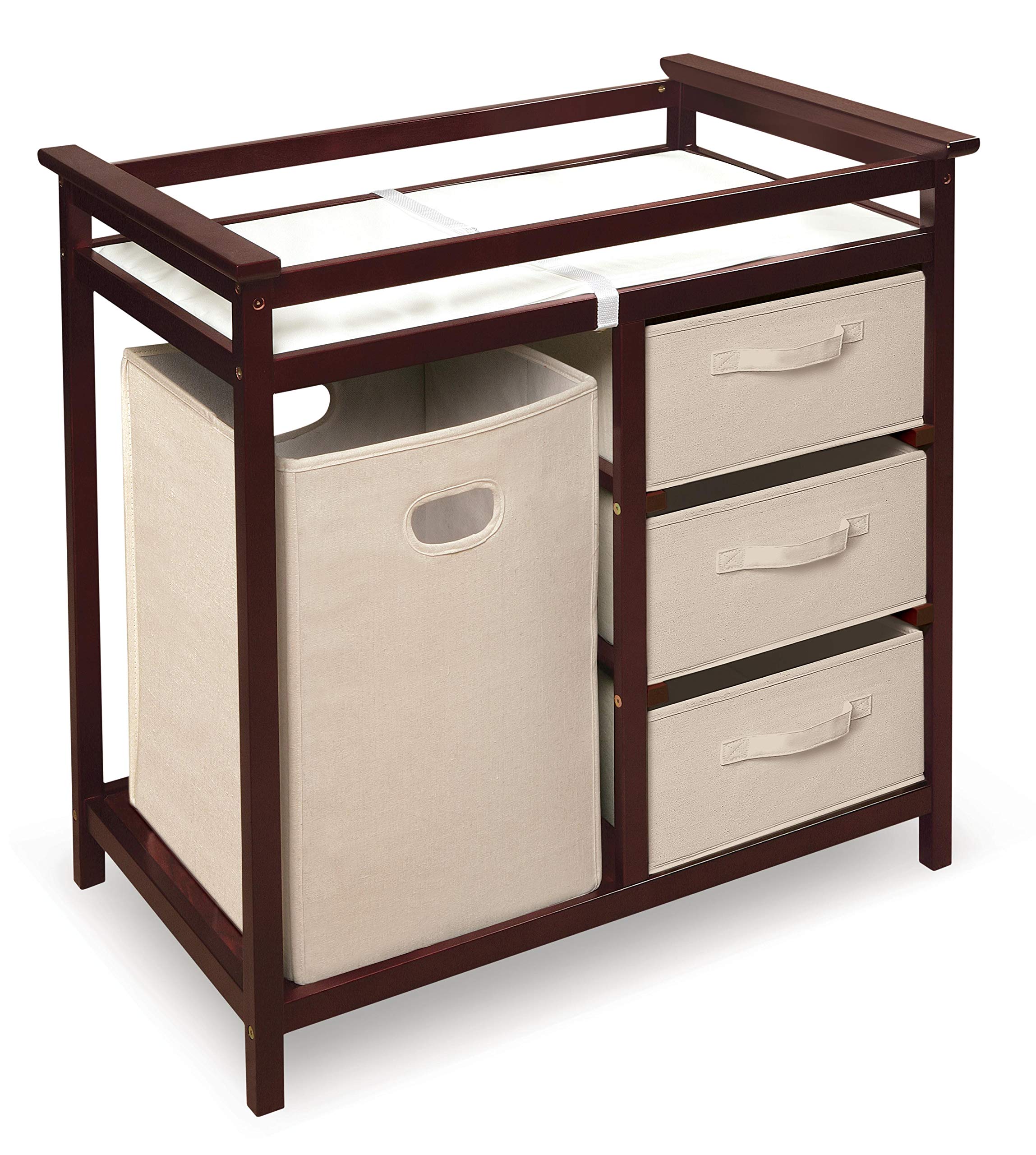 Badger Basket Modern Baby Changing Table with Laundry Hamper, 3 Storage Drawers and Pad, Diaper Change Station - Cherry/Ecru