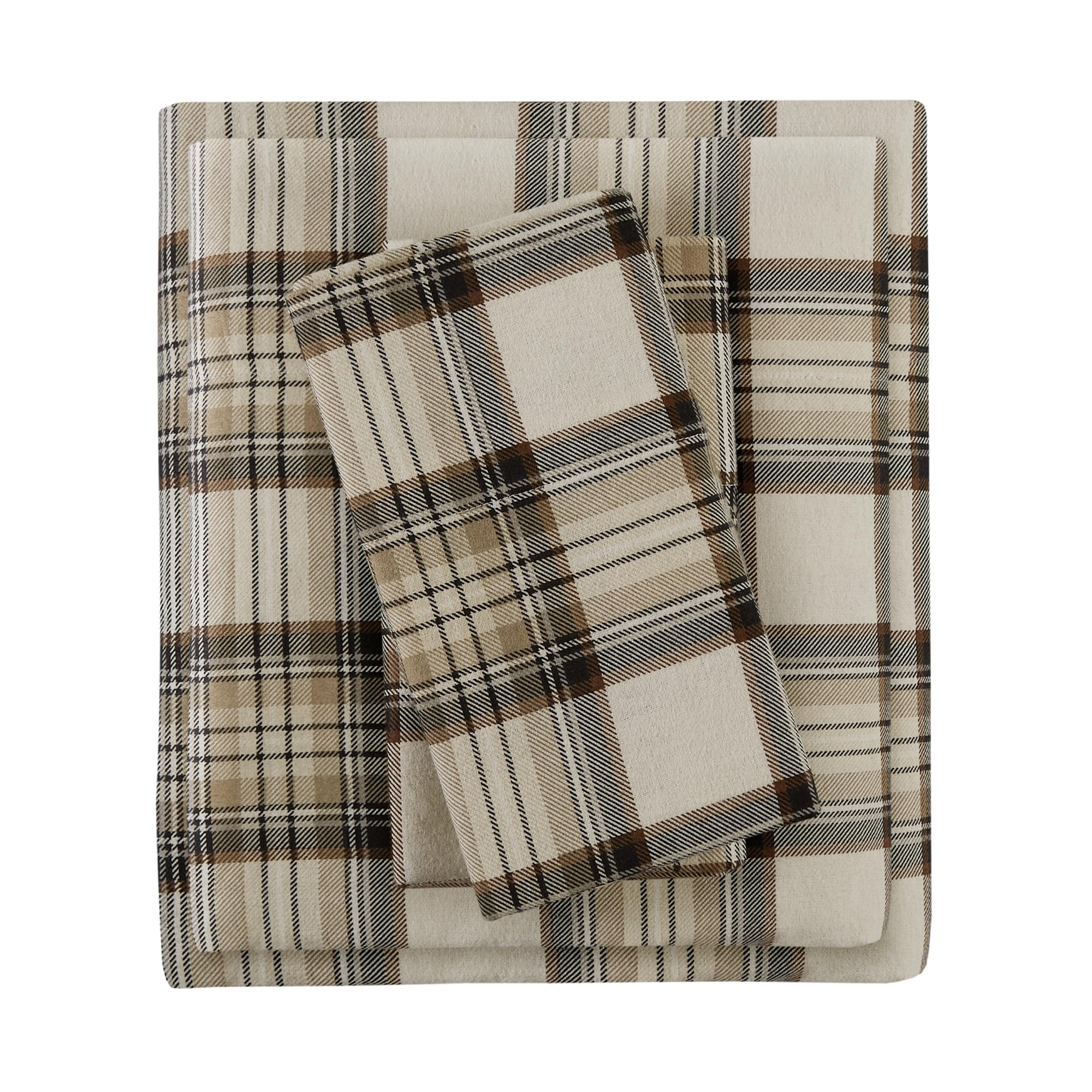 Comfort Spaces Cotton Flannel Breathable Warm, Deep Pocket Sheets with Pillow Case Bedding, King, Scottish Plaid Grey/Taupe 4 Pi