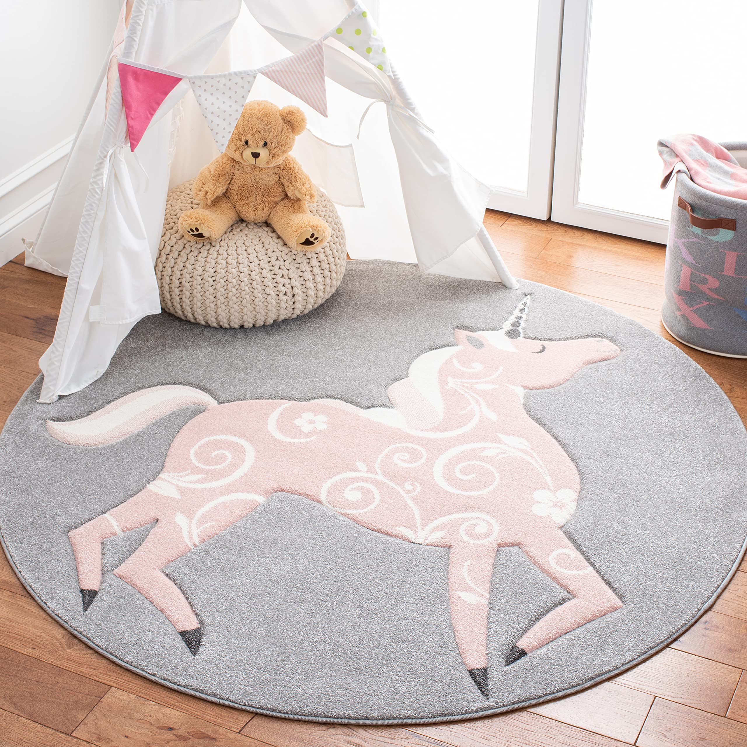 SAFAVIEH Carousel Kids Collection 3 Round Grey/Pink CRK163F Unicorn Non-Shedding Playroom Nursery Bedroom Area Rug