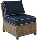 Crosley Furniture Bradenton Armless Outdoor Sectional Chair, Wicker Patio Chairs for Porch, Deck, Backyard, Brown with Navy Cush
