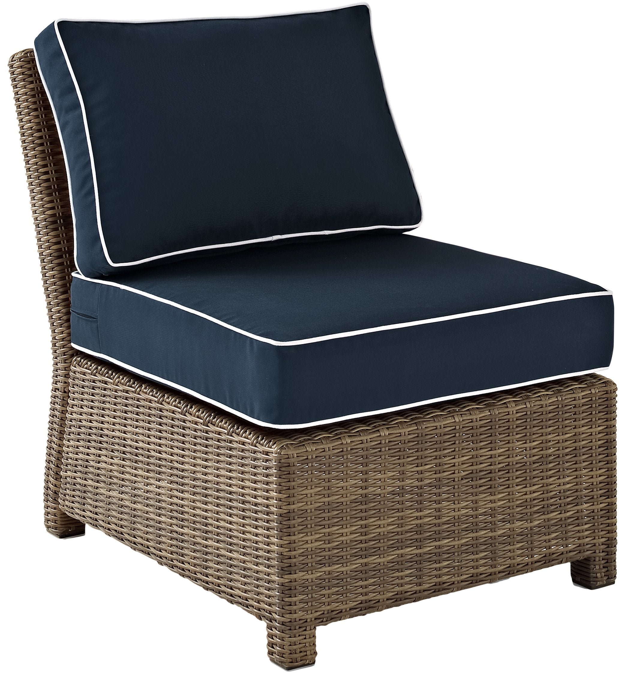 Crosley Furniture Bradenton Armless Outdoor Sectional Chair, Wicker Patio Chairs for Porch, Deck, Backyard, Brown with Navy Cush