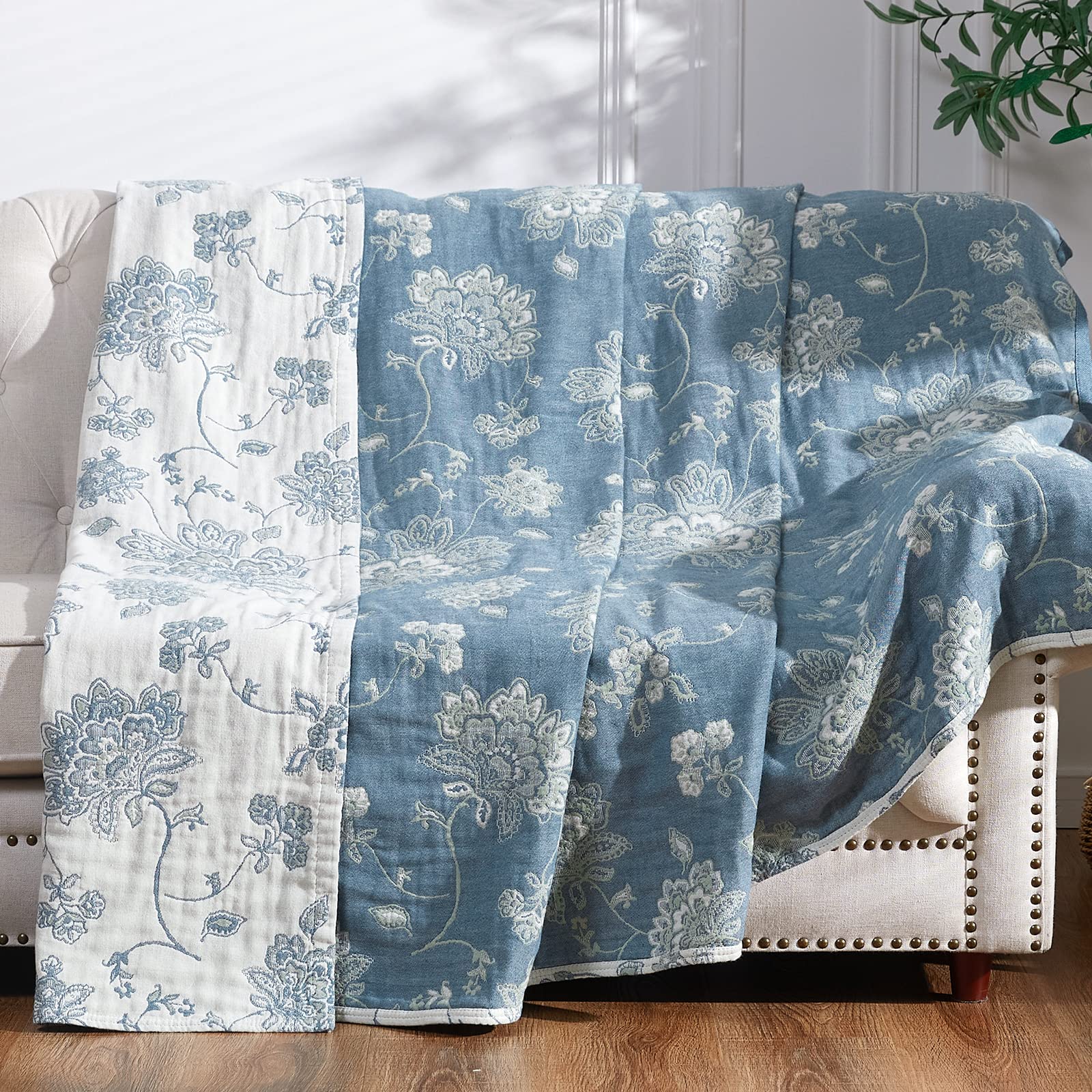 jinchan Boho 100% Cotton Muslin Twin Size 60x80 Inches Blanket Lightweight 4-Layer Quilted Soft Blue and White Floral Throw Blan