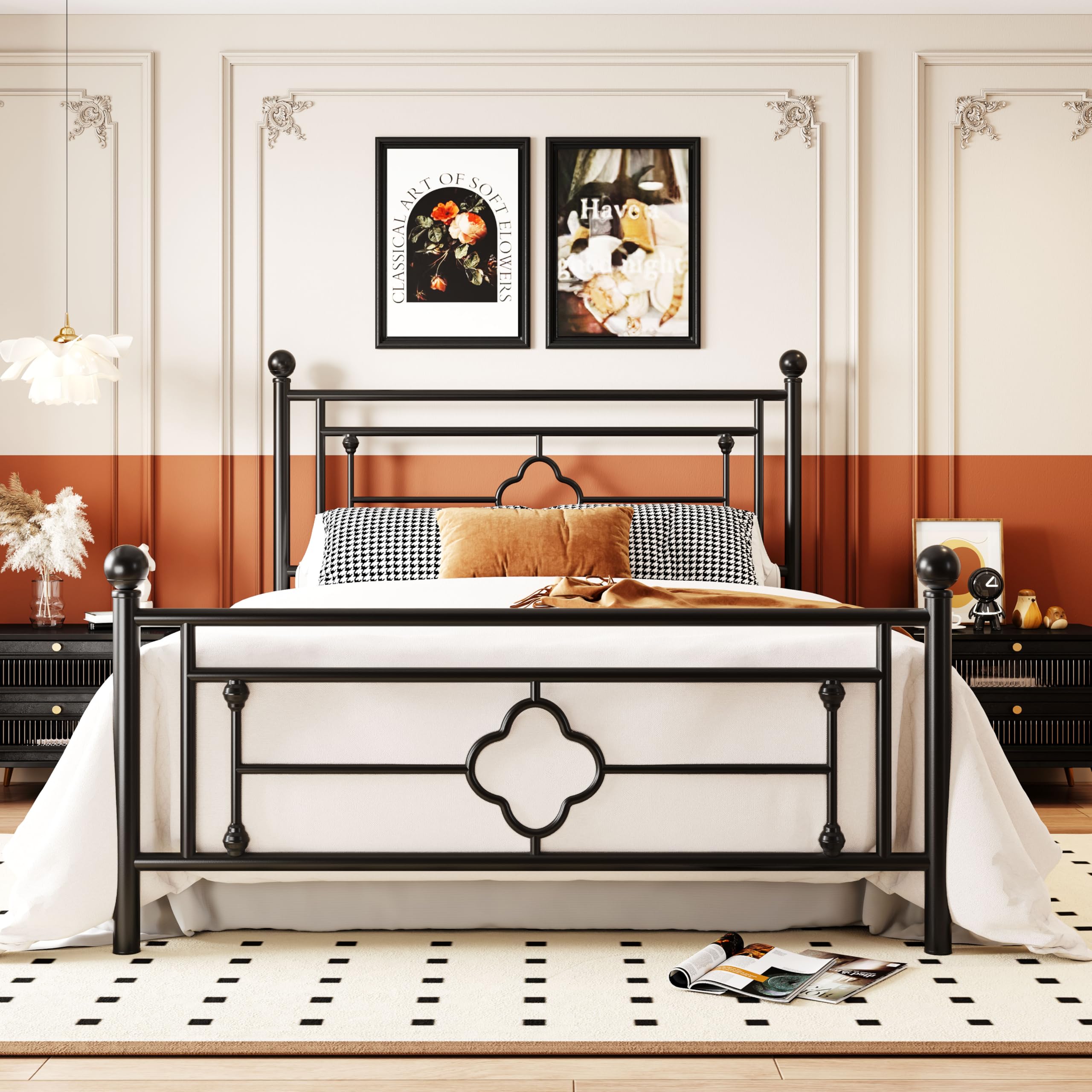Allewie Queen Size Metal Platform Bed Frame with Victorian Vintage Headboard and Footboard/Mattress Foundation/Under Bed Storage
