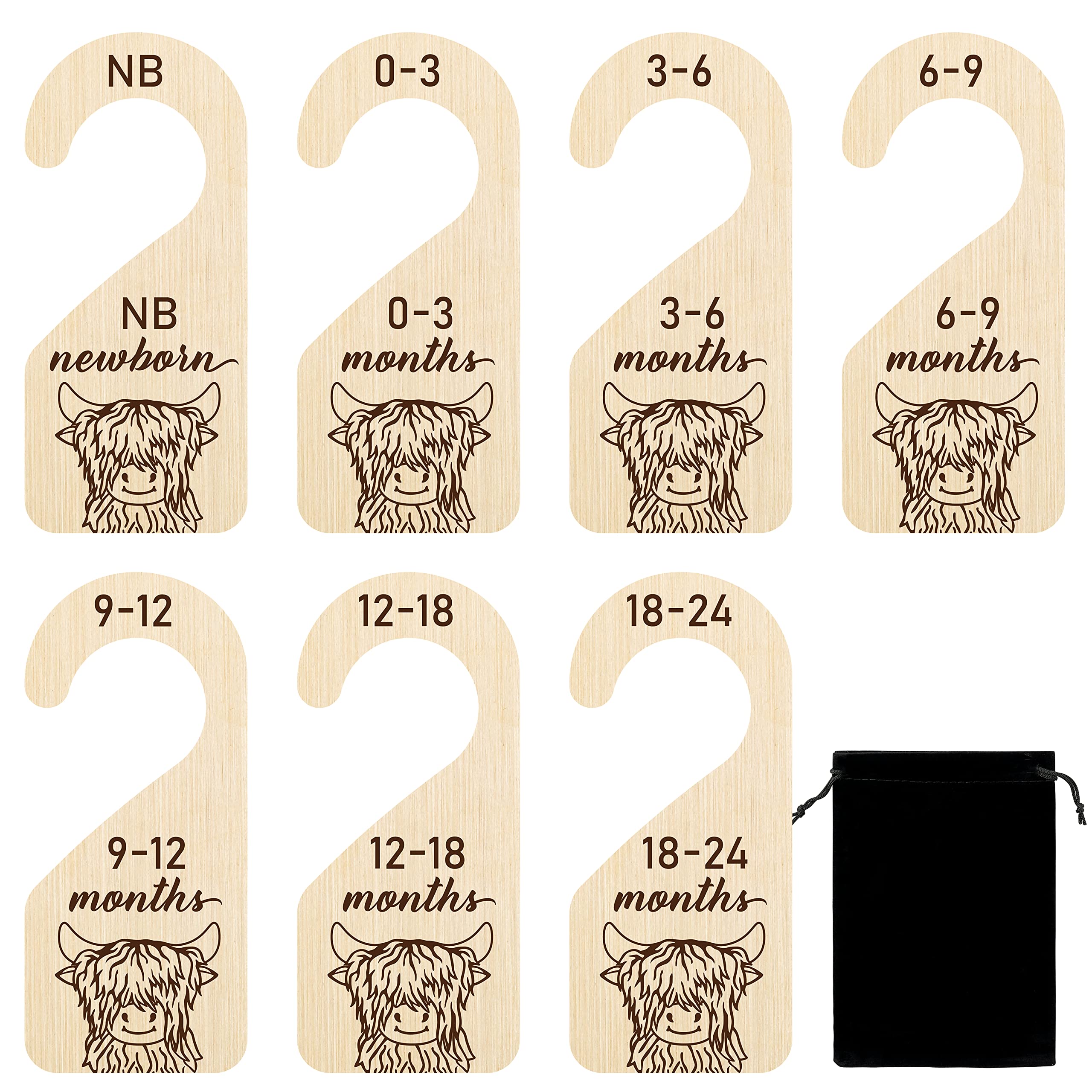 R HORSE 8Pcs Highland Cow Baby Closet Dividers, Double Sided Baby Closet Organizers Nursery Hanger Dividers Wood Size Dividers f