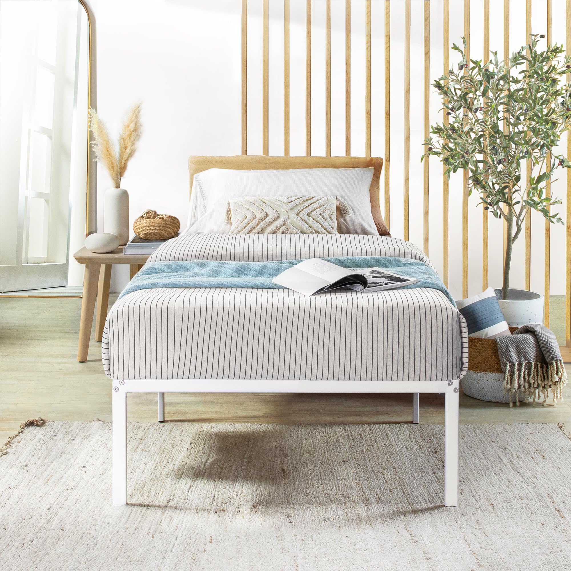 Best Price Mattress 16 Inch Metal Platform Bed Frame, Heavy Duty Steel Slats, White, Twin
