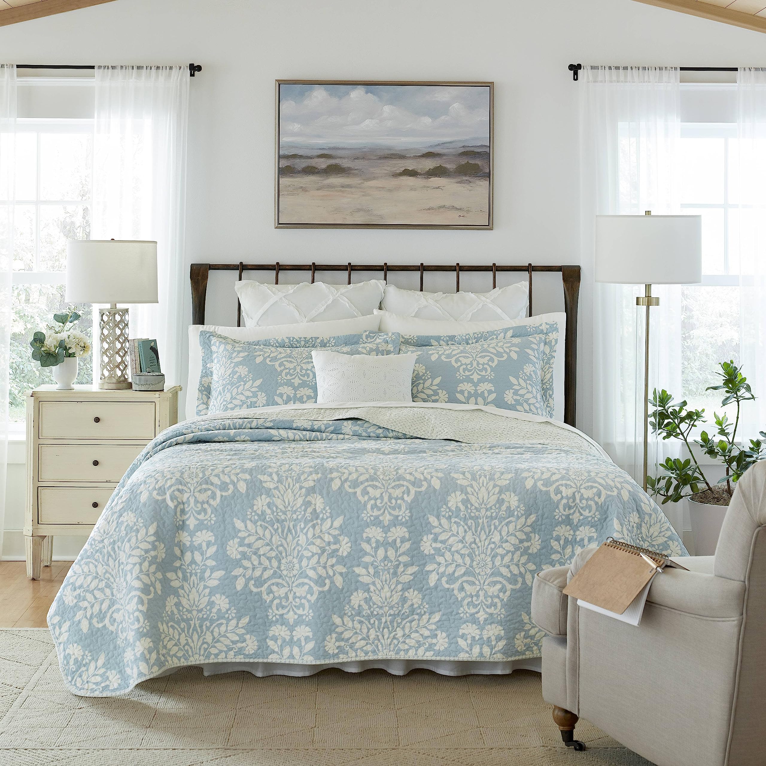 Laura Ashley - King Quilt Set, Reversible Cotton Bedding with Matching Shams, Home Decor for All Seasons (Rowland Blue, King)
