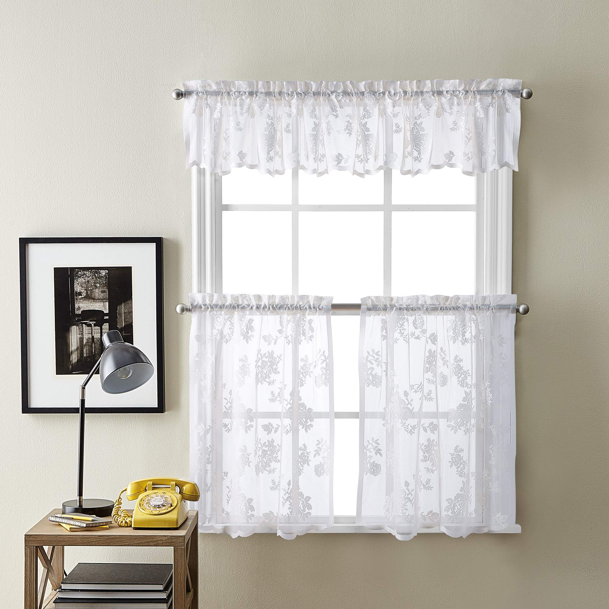 Curtainworks Sibella Lace Kitchen Curtain Window, Rod Pocket, 14 in Valance, White