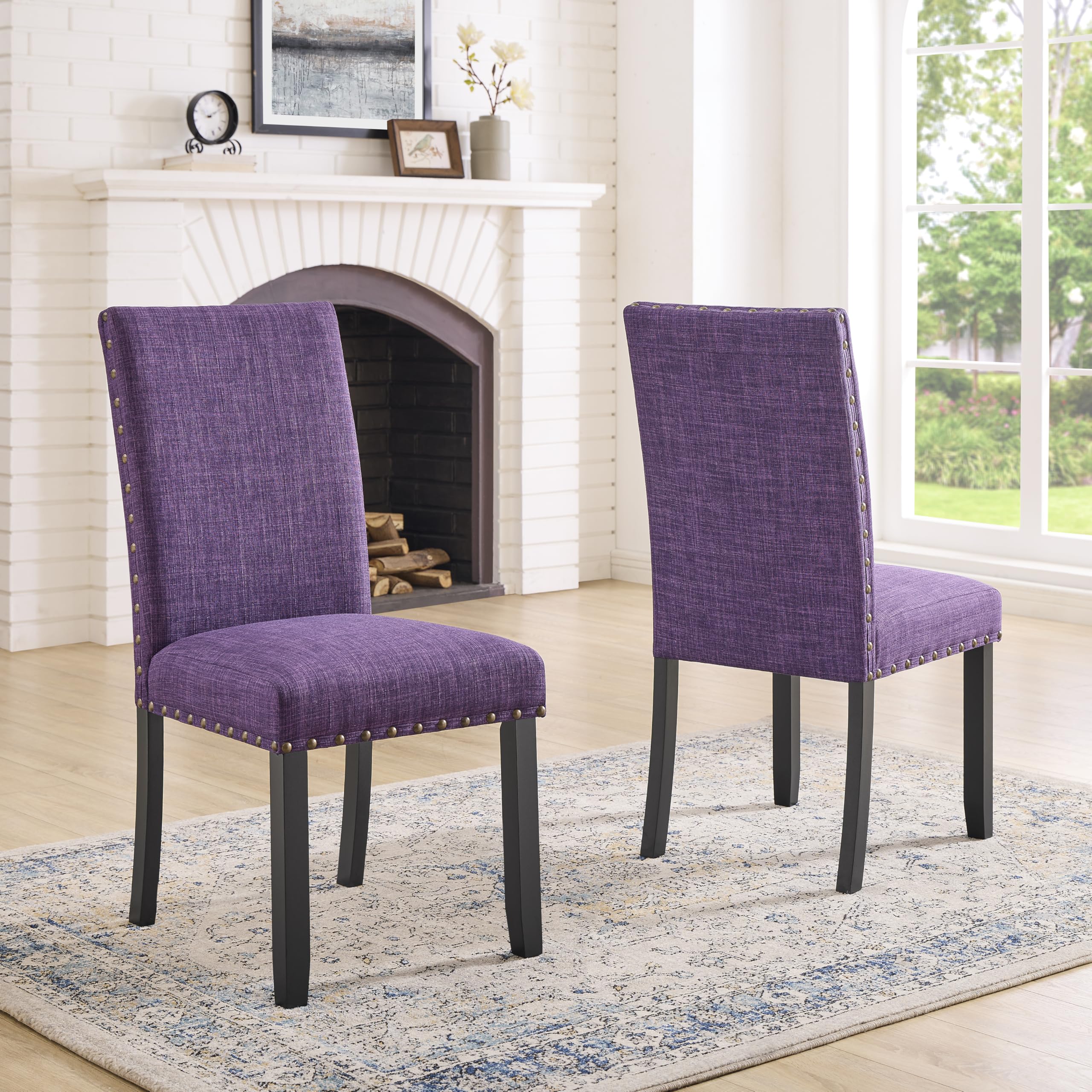 Roundhill Furniture Biony Fabric Dining Chairs with Nailhead Trim, Set of 2, Purple