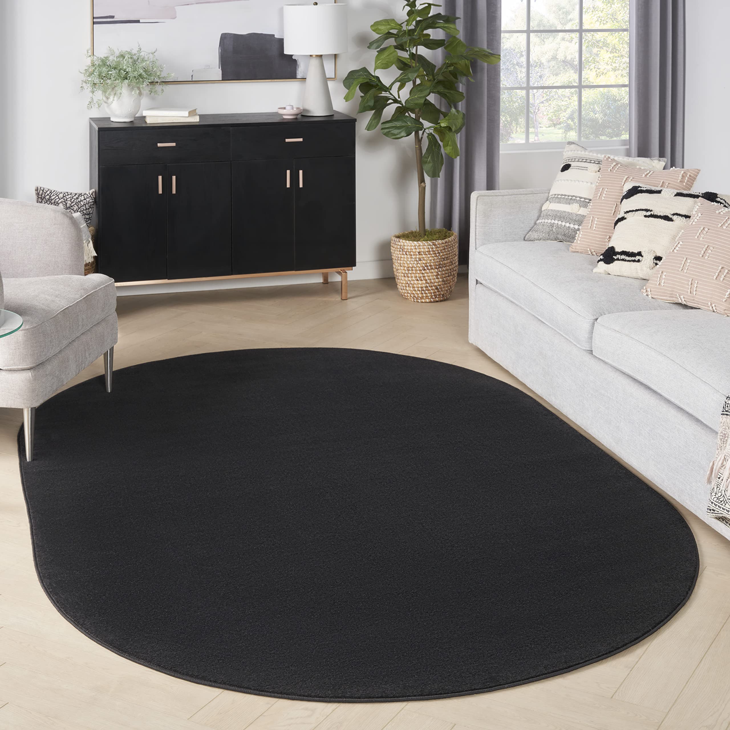 Nourison Essentials Indoor/Outdoor Black 6 x 9oval Area-Rug, Easy-Cleaning, Non Shedding, Bed Room, Living Room, Dining Room, 