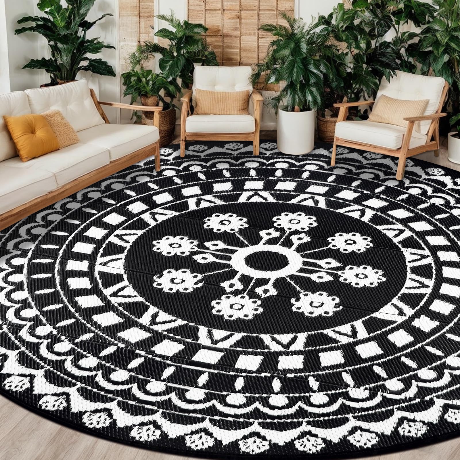 Capslpad 6Ft Round Outdoor Rug for Patio Reversible Mat Boho Circle Indoor Outside Area Rug Waterproof Plastic Straw Rug for RV 