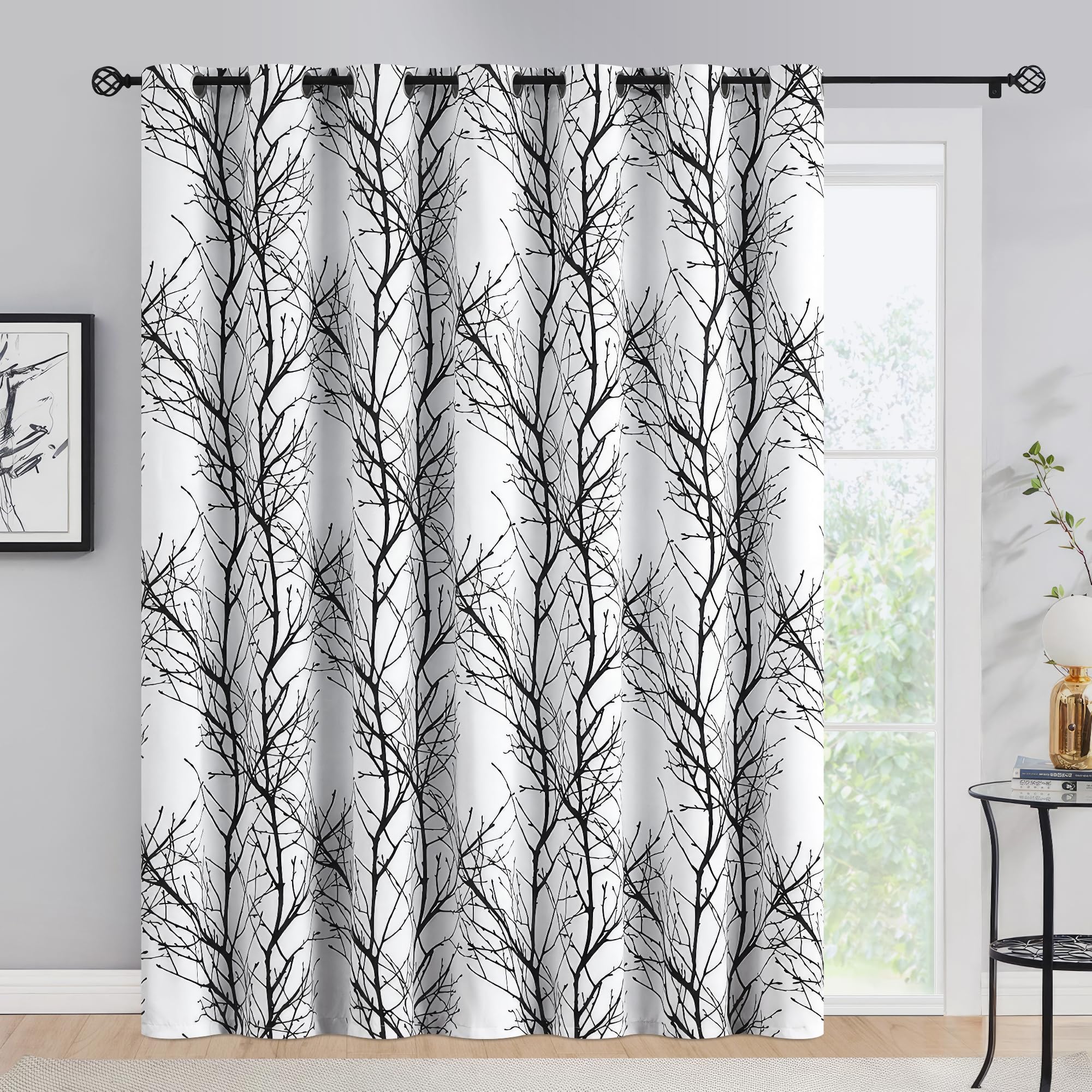 FMFUNCTEX 100% Blackout Patio Sliding Glass Door Curtains 84 Inch Long for Bedroom, Black on White Tree Branch Patterned Drapes 