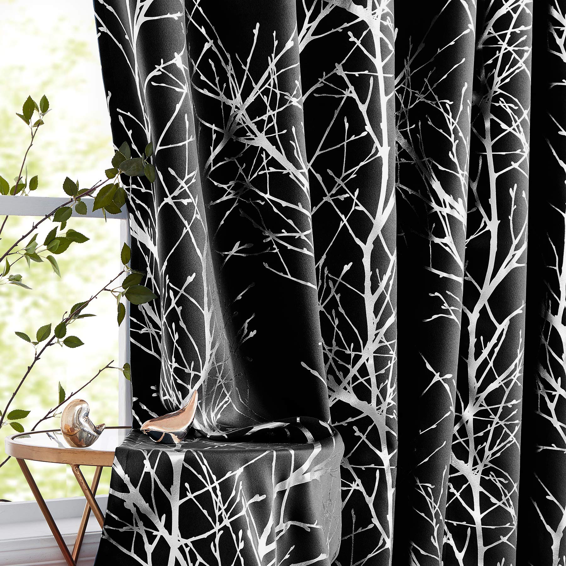 FMFUNCTEX Metallic Tree Curtains for Bedroom Black 54 Foil Silver Print Modern Blackout Window Drapes Triple Weave Thermal Insul