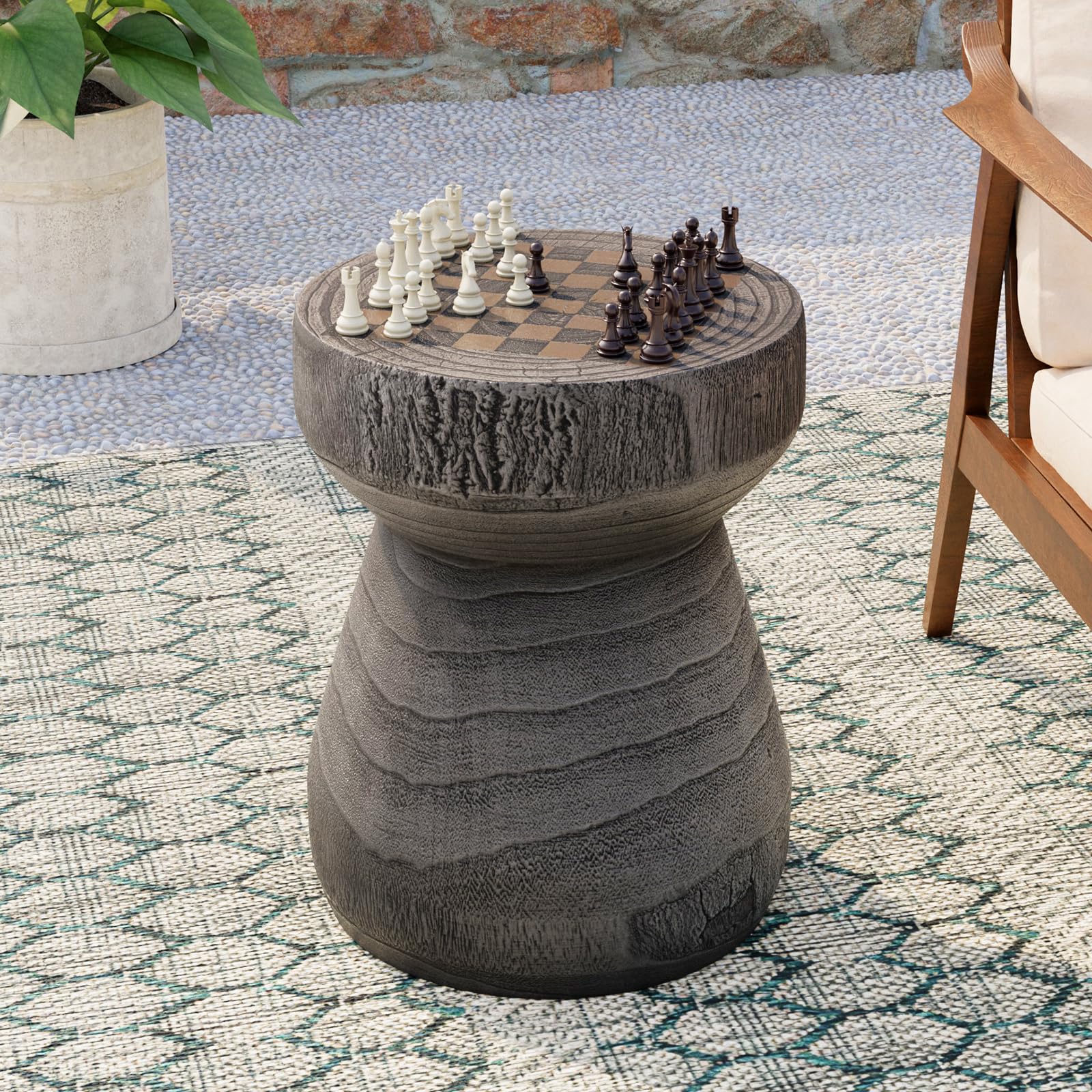 COSIEST Outdoor Side Table with Chessboard, 14 Round Concrete Lightweight Faux Wooden Multi-Use End Table Garden Stool Log Sty