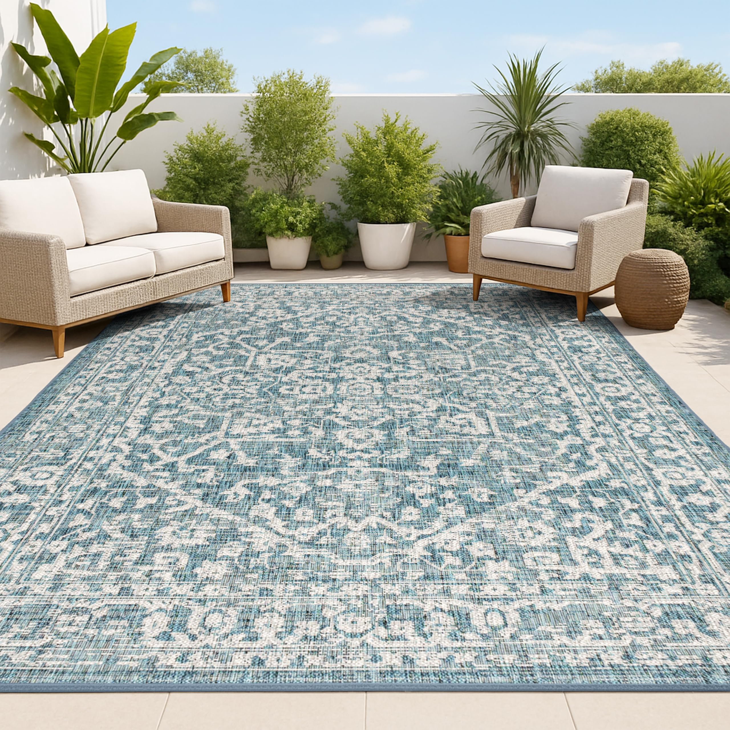 JONATHAN Y Boho Medallion Indoor Outdoor Area Rug 8X10 Teal/Gray, Malta Textured Weave for Backyard, Patio, Porch, Easy-Cleaning