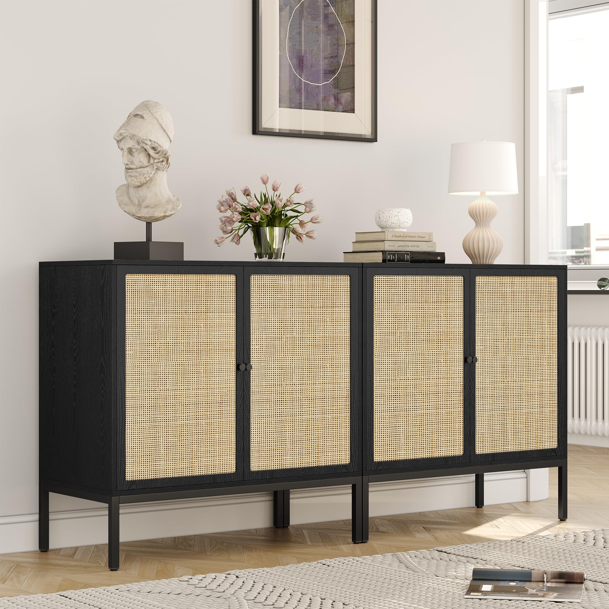 Yechen Set of 2 Sideboard Cabinet with Natural Rattan Decorated Doors, 63  Rattan Cabinet, Accent Credenza Buffet Console Table,