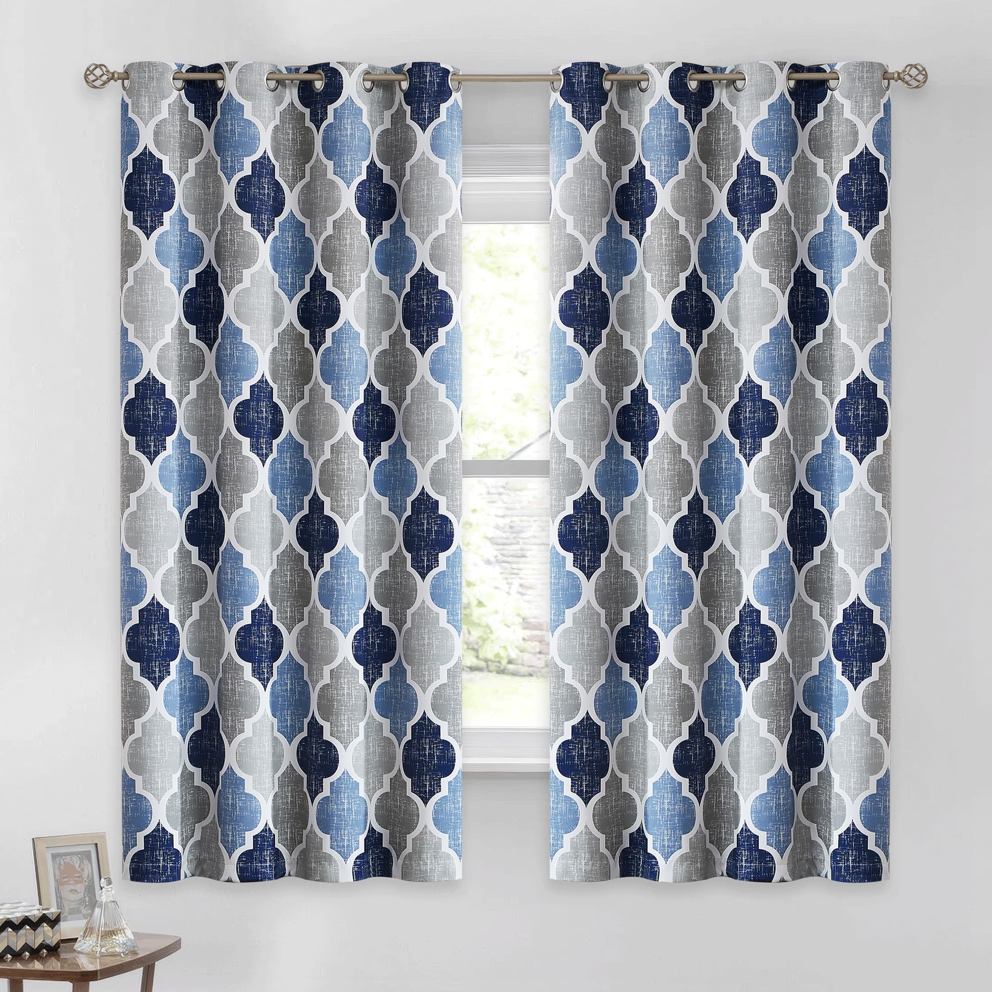 Beauoop 100% Blackout Curtains 63 Inches Long 2 Panels for Bedroom Living Room Blue Grey Moroccan Geo Room Darkening Thermal Ins