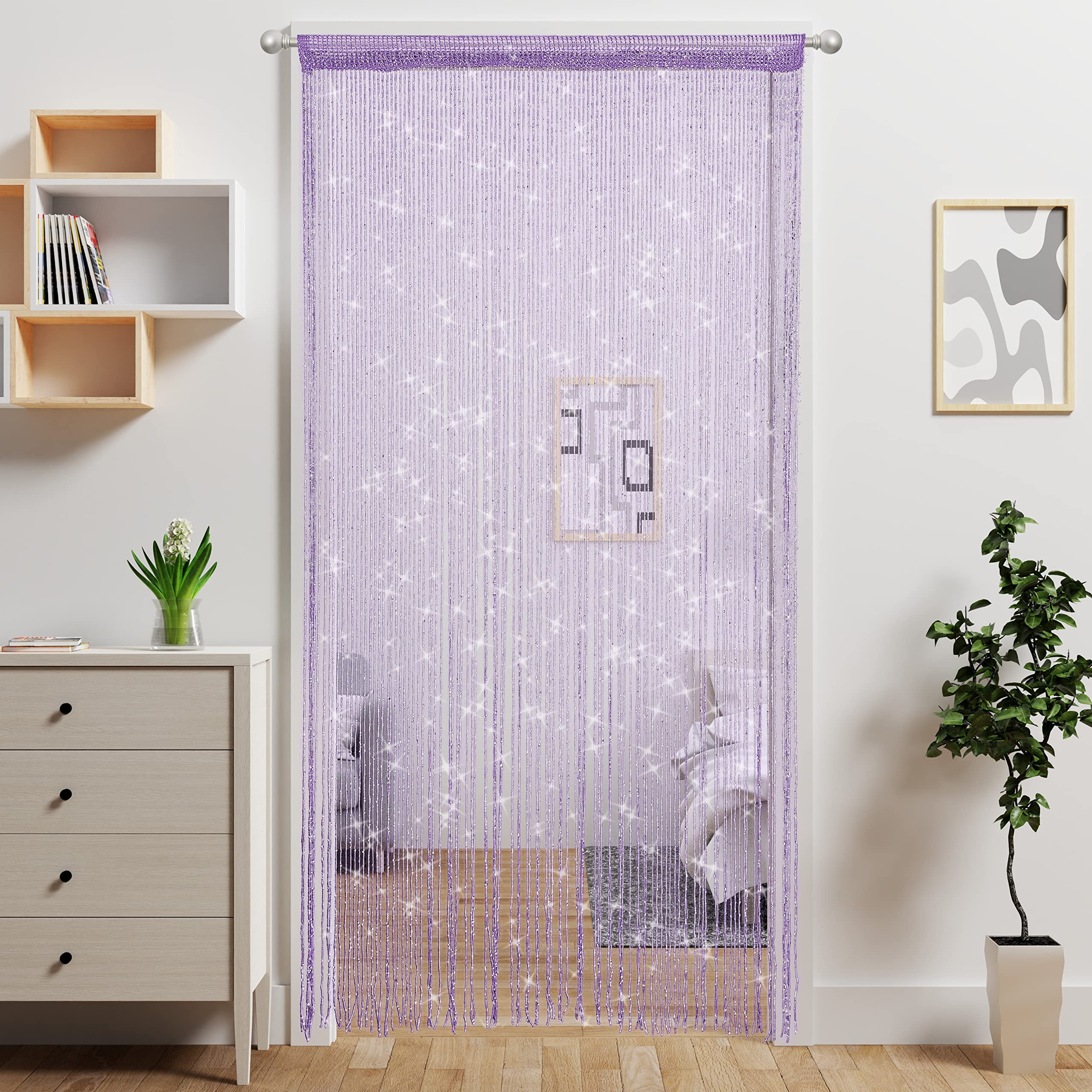 2 Pcs Door String Curtain Doorway Beads Curtains,Hanging Room Divider Beaded Decor Hippie Glitter Fringe Panel Closet Window Wal