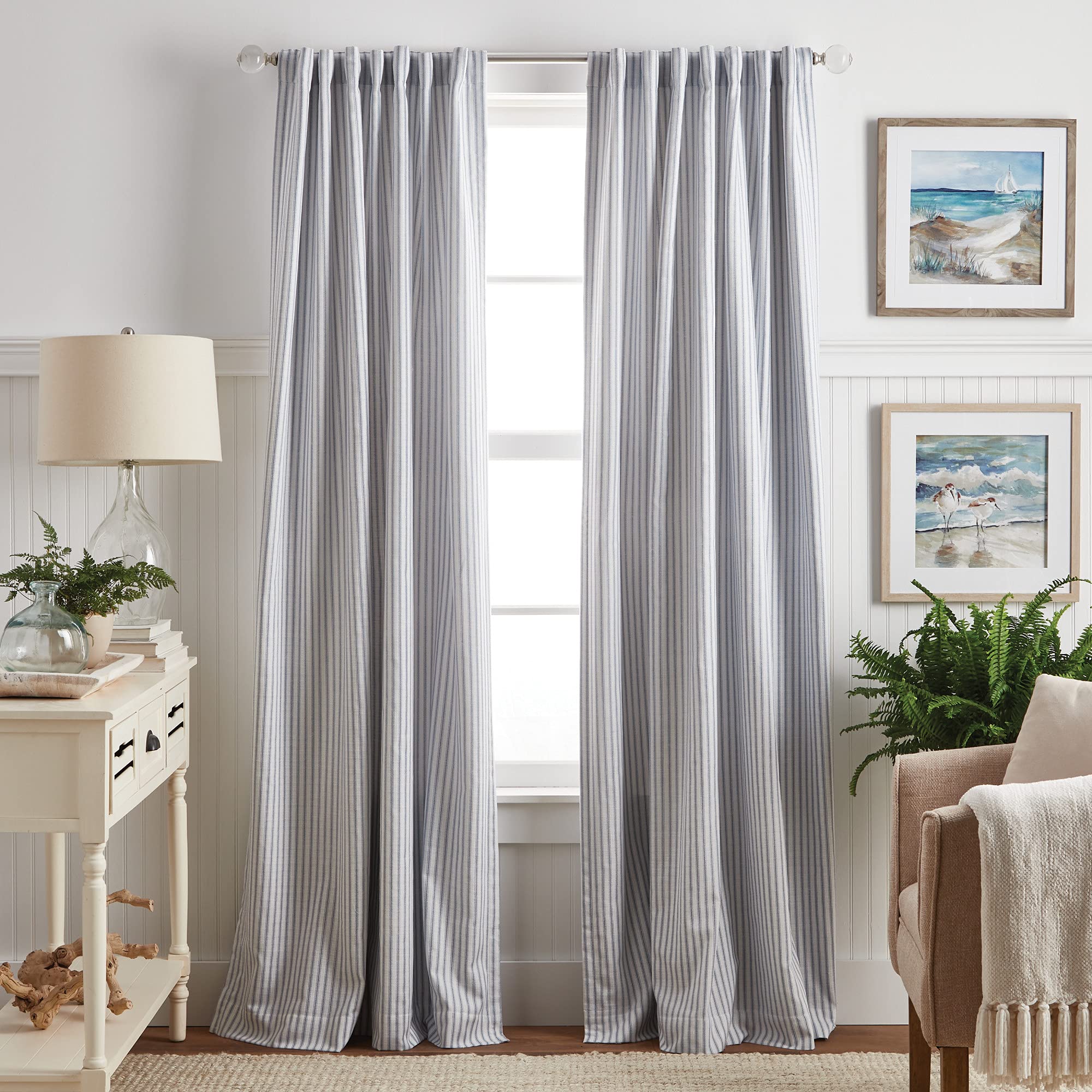 Martha Stewart Ticking Stripe Blackout Lining Rod Pocket/Back Tab Window Curtain Panel Pair, 84, White/Indigo Pack of 1