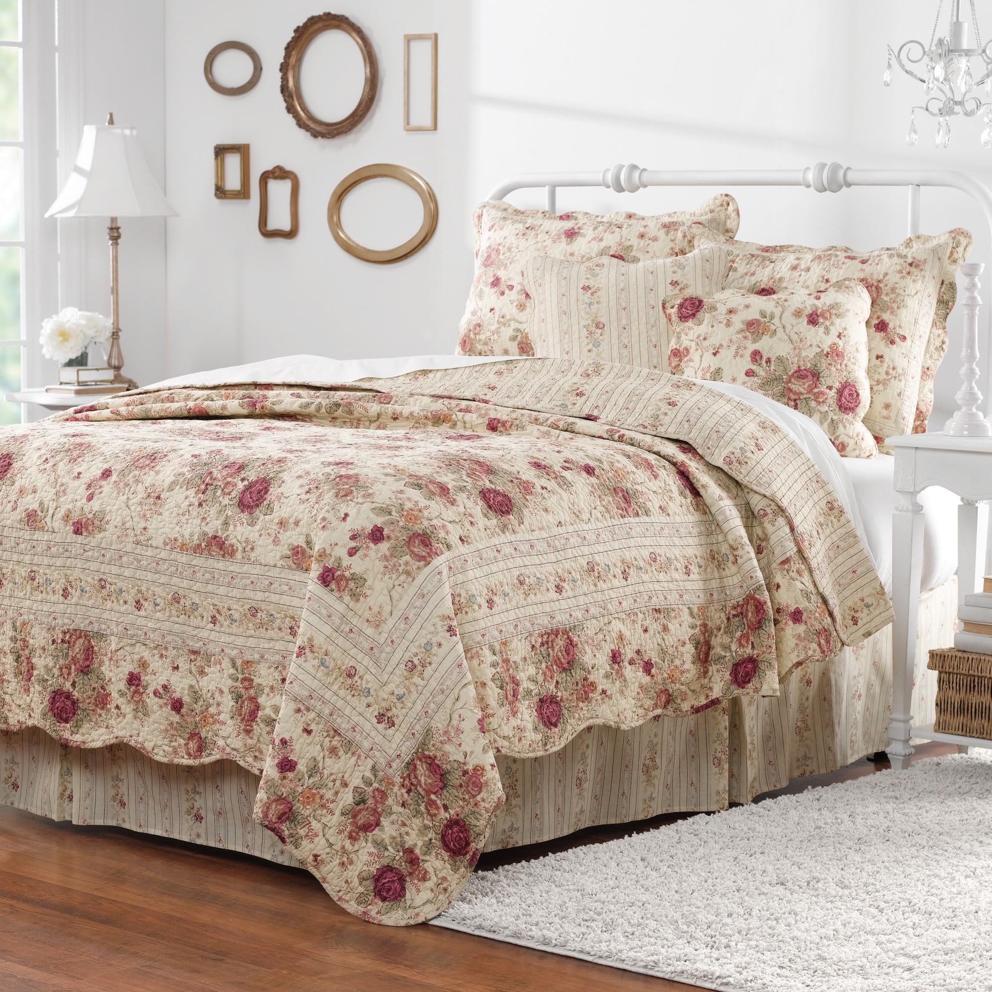 Greenland Home Antique Rose 100% Cotton Quilt Set, 4-Piece Twin/XL, Ecru