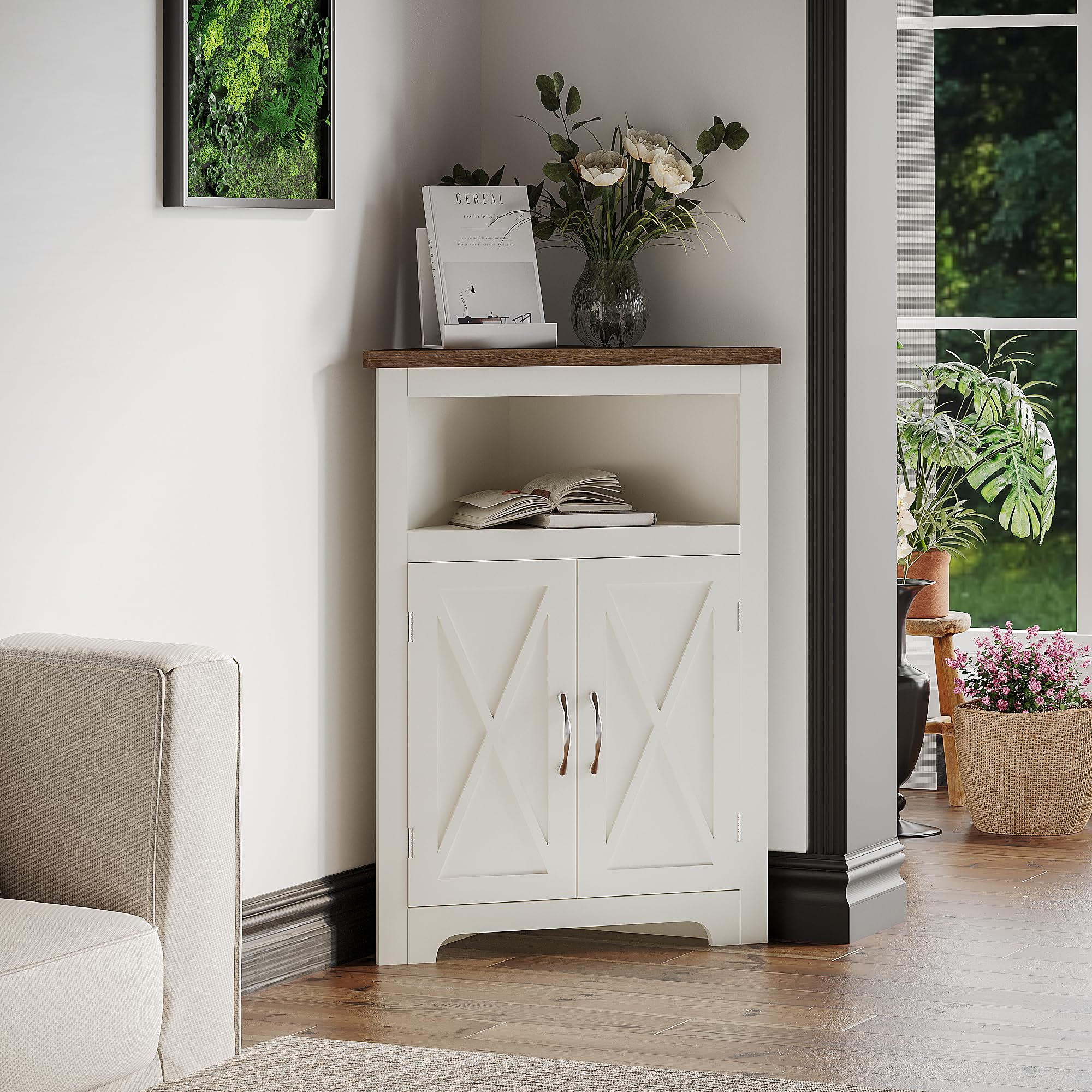 ChooChoo Farmhouse Corner Cabinet, Small Corner Storage Cabinet with Barn Door Design and Adjustable Shelf, Home Space Saver for