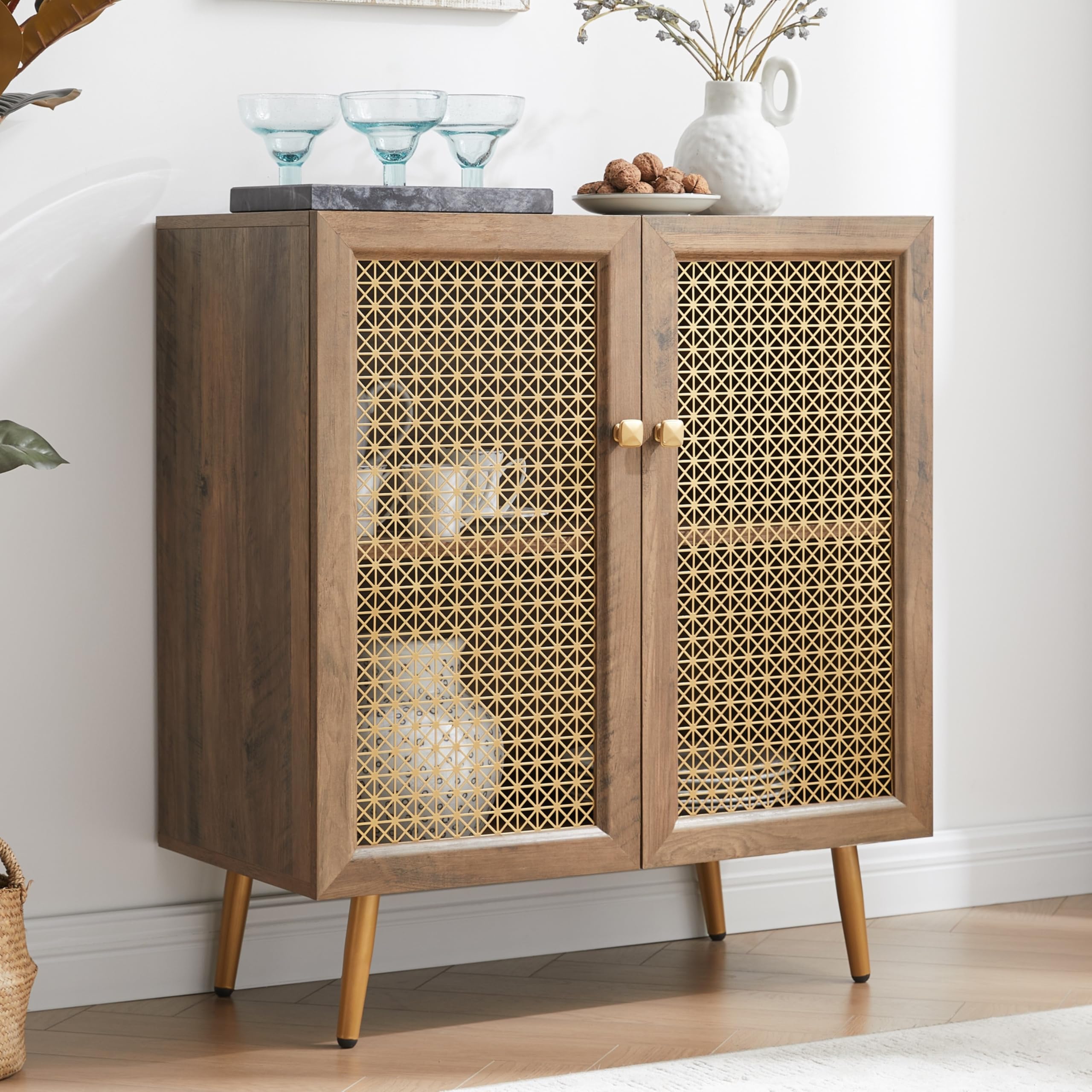 JYED DECOR Storage Sideboard with 2-Metal Mesh Door, Multifunctional Accent Buffet Console Cabinet for Living Room, Dining Room 