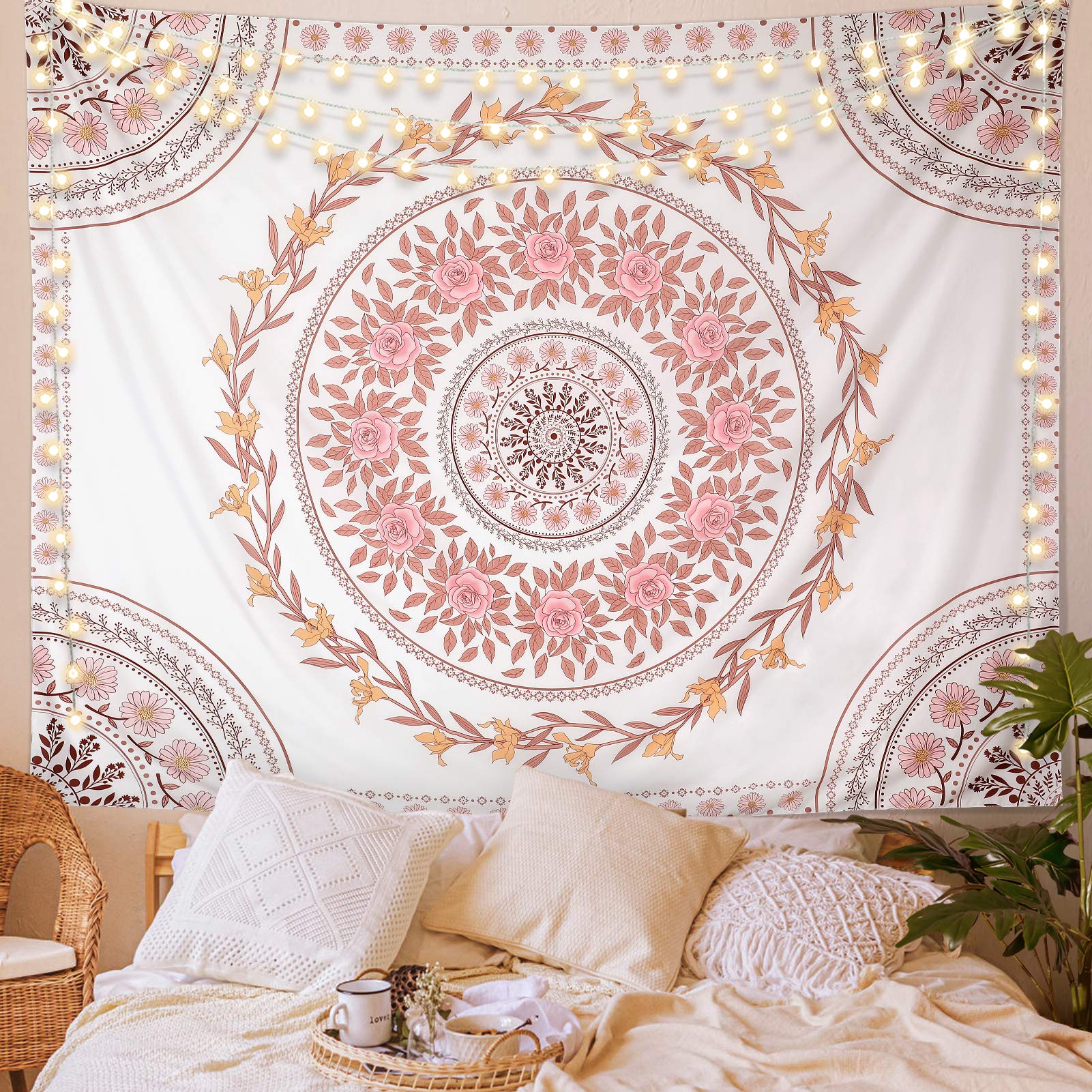 FLY SPRAY Mandala Tapestry Aesthetic,Boho Tapestries Wall Hanging,Dark Rose Floral Medallion Tapestrys,Bohemian Wall Art Hippie 