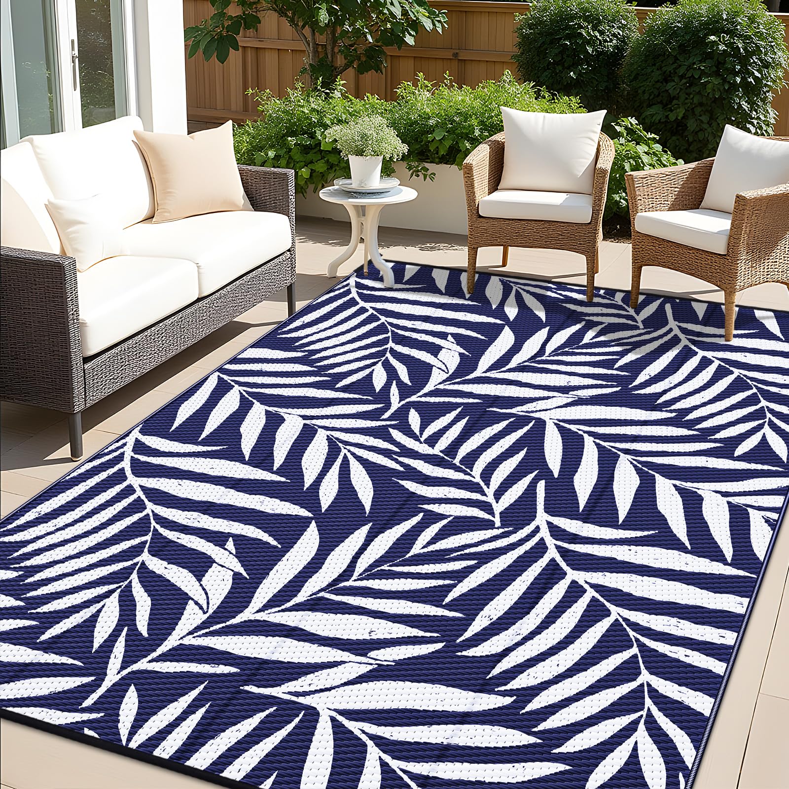 OLANLY Waterproof Outdoor Rug 9x12 ft, Reversible Outdoor Plastic Straw Rug with Leaf Pattern, RV Mat, Indoor Outdoor Carpet for